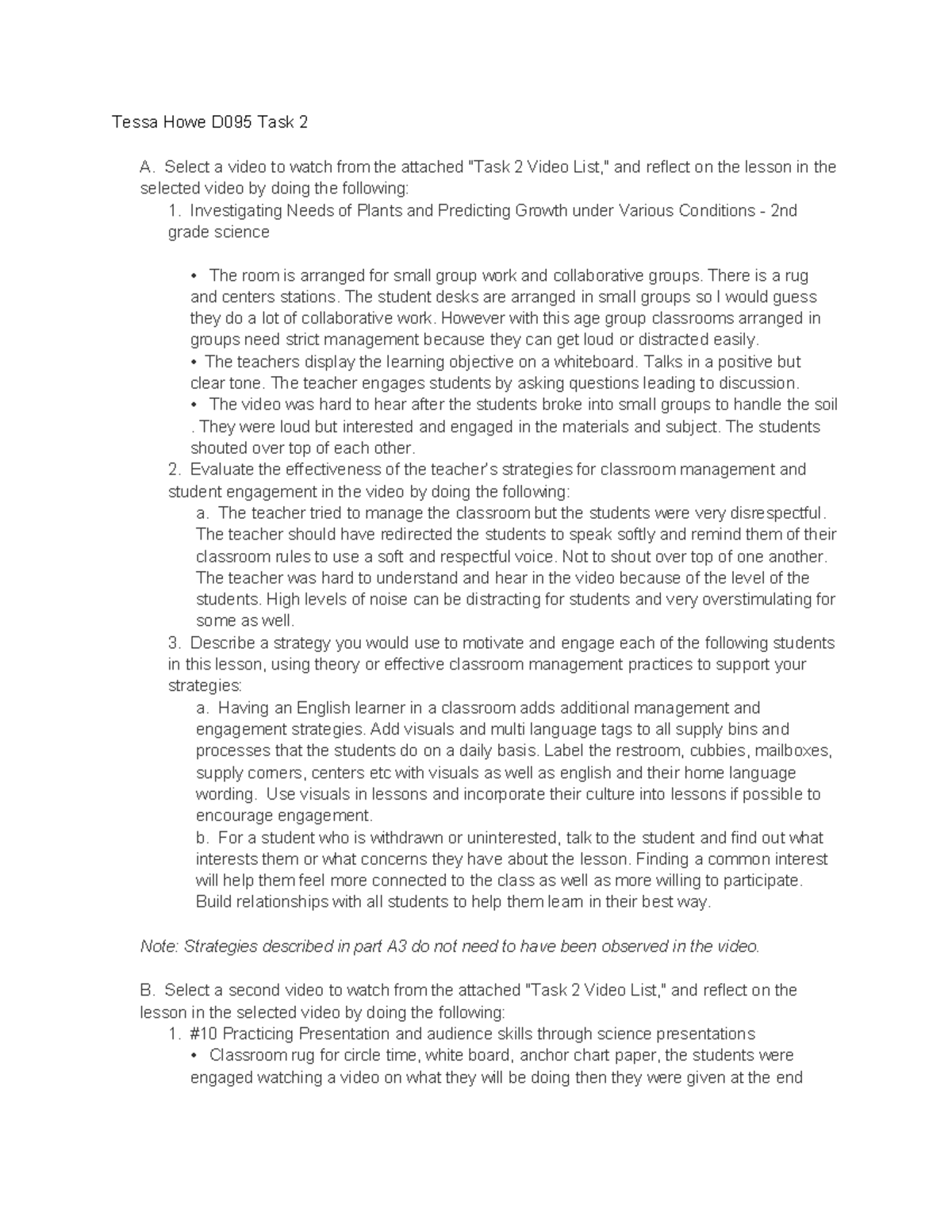 D095 - Task 2 8 14 - Task 2 - Tessa Howe D095 Task 2 A. Select a video ...