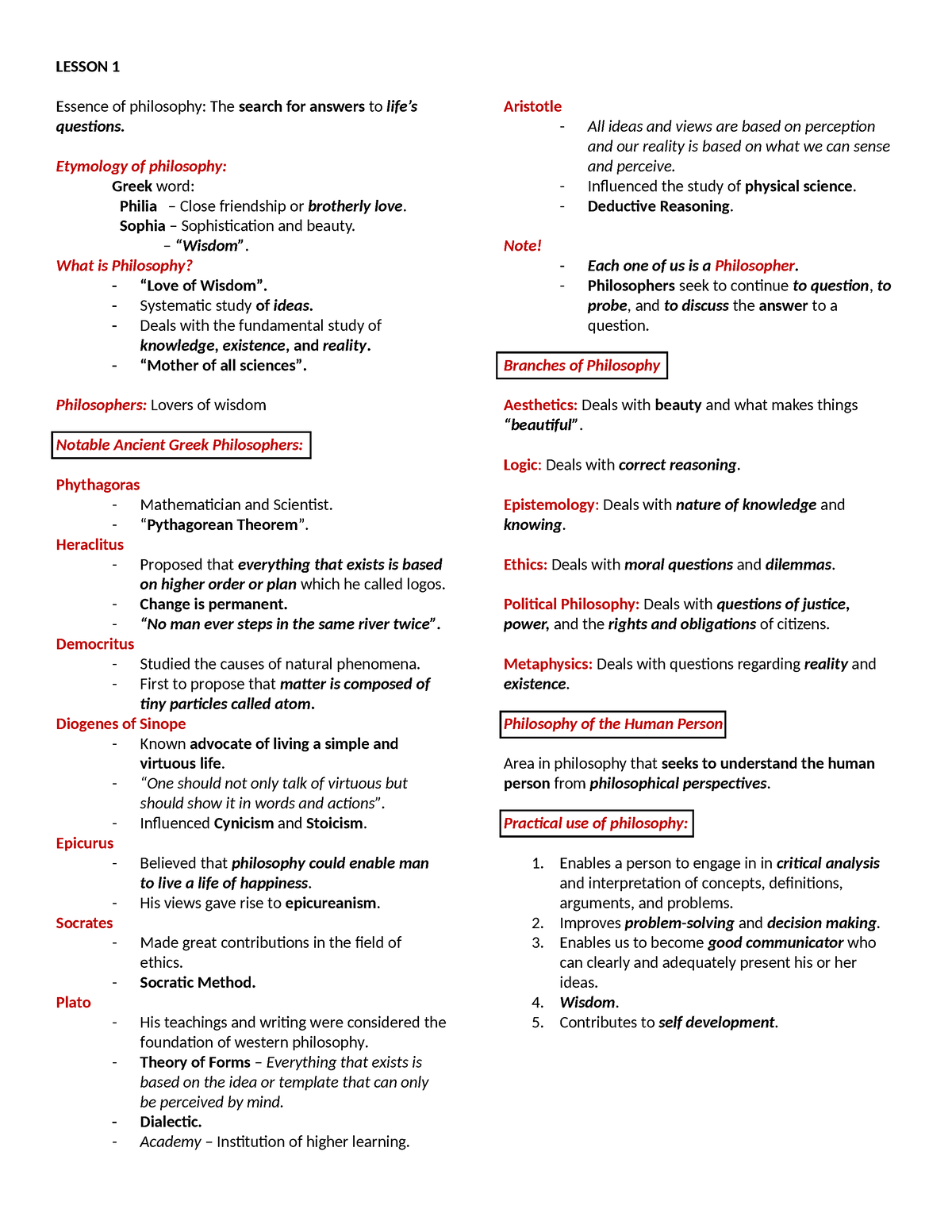 Philo-reviewer-q1 - Intro To Phil - LESSON 1 Essence Of Philosophy: The ...