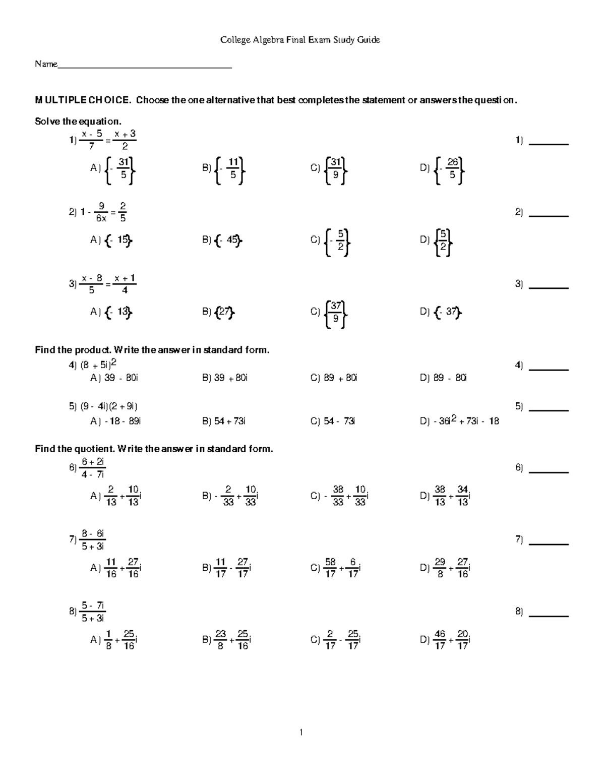 1105 Final Exam Study Guide (2020) - College Algebra Final Exam Study ...