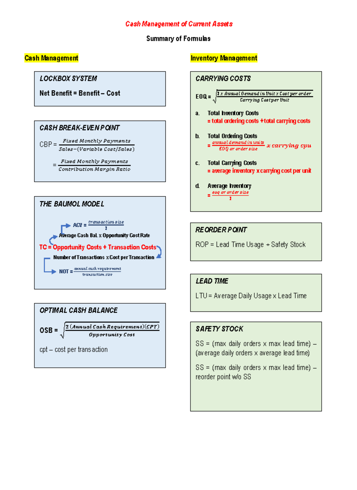 Summary of Formulas - Cash Management Inventory Management LOCKBOX ...