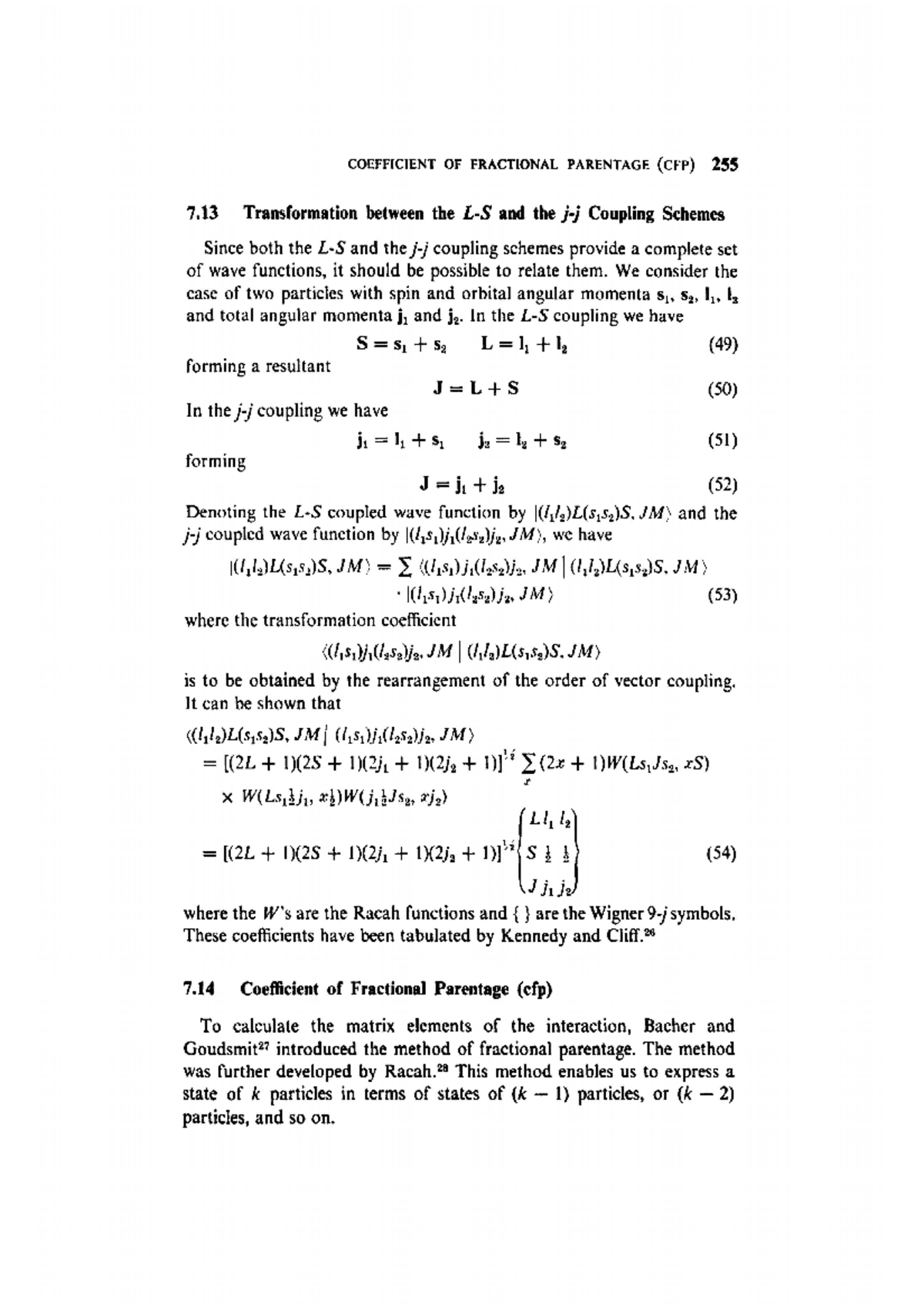 Transformation between LS and JJ coupling and coefficient of fractioal