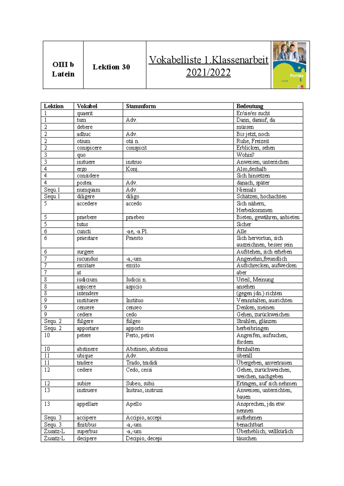Vokabelliste 1. Klassenarbeit L30 - OIII b Latein Lektion 30