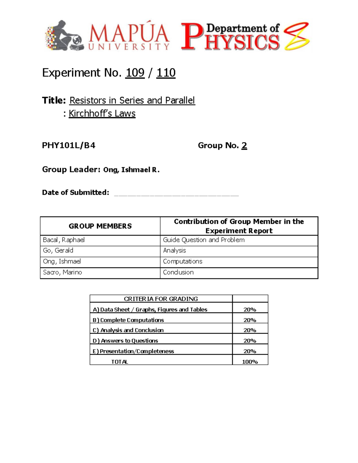 Lab-Report-109 110 - Notes for the Lab Report - Experiment No. 109 / ...