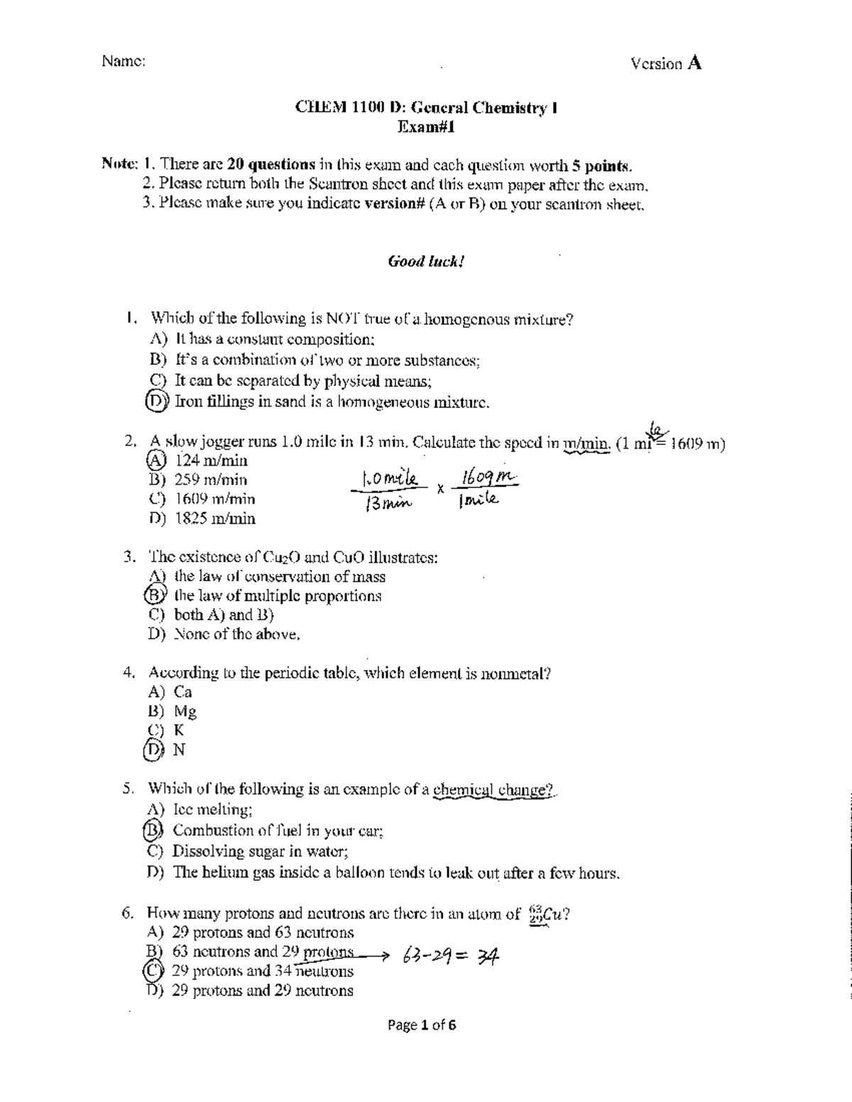 Chemistry 1 Practice Exams - Name: Version A CHEM 1100 D: General ...