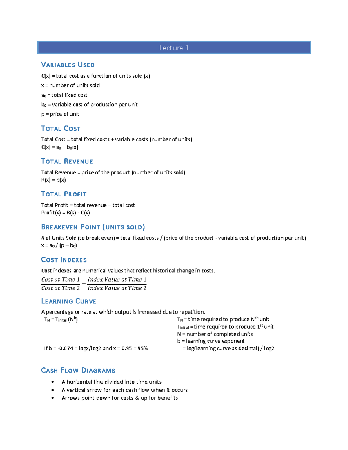 ECE 192 - Cheat Sheet - Lecture 1 VA R I A B L E S US E D C(x) = total ...