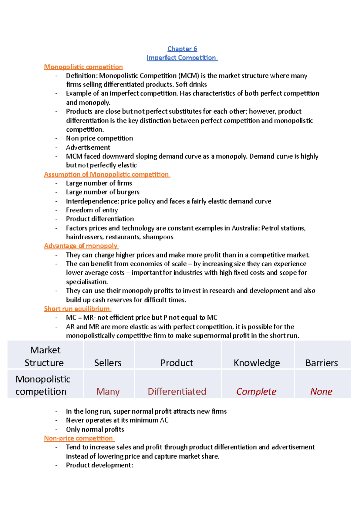 Chapter 6 - Chapter 6 Imperfect Competition Monopolistic competition ...