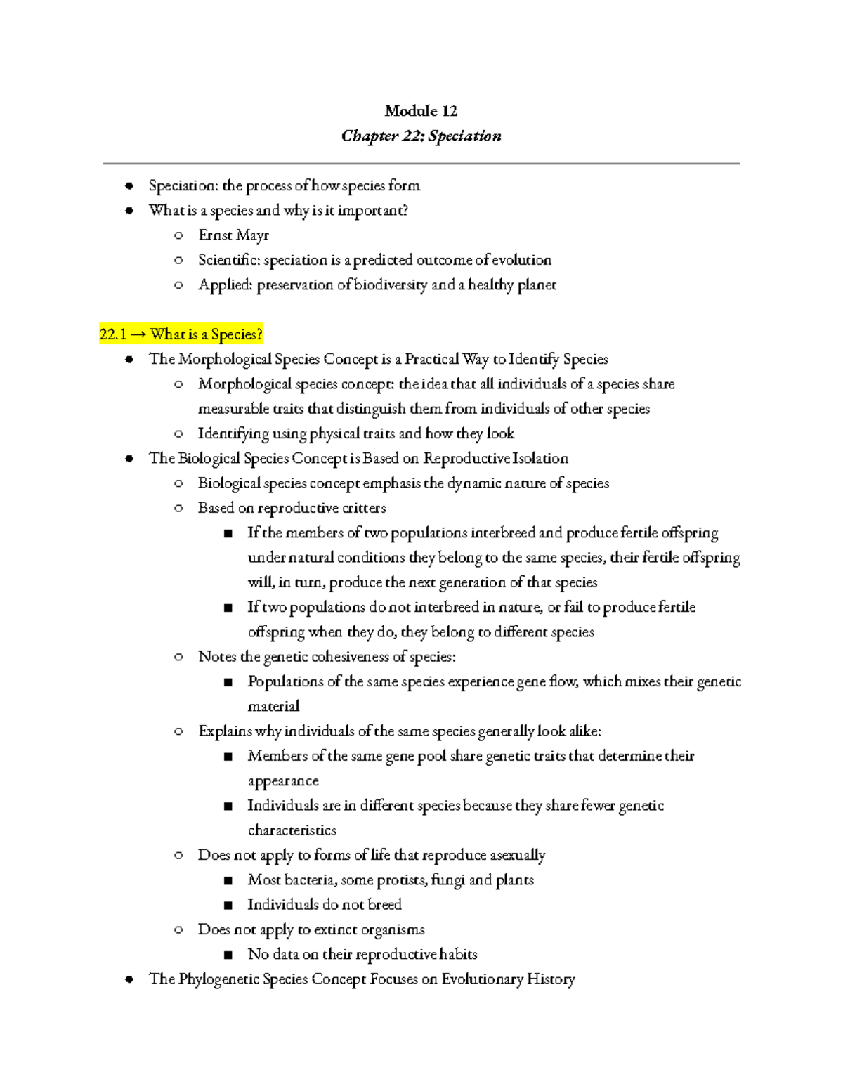 Module 12 Notes - Module 12 Chapter 22: Speciation Speciation: the ...