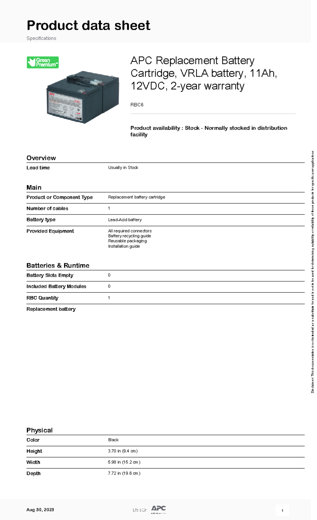 Replacement Battery Cartridges RBC6 Product data sheet Specifications