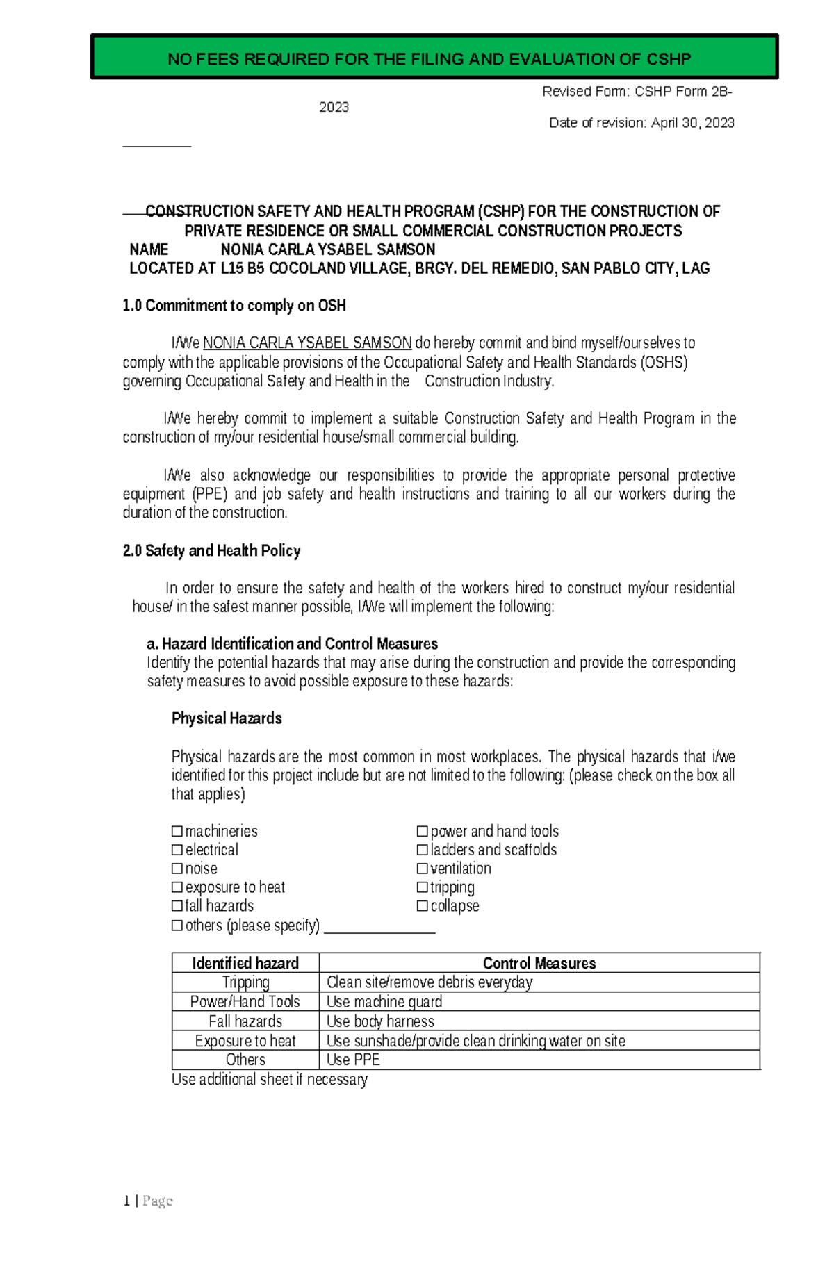 Form2B Template for-residential-buildings - Revised Form: CSHP Form 2B ...