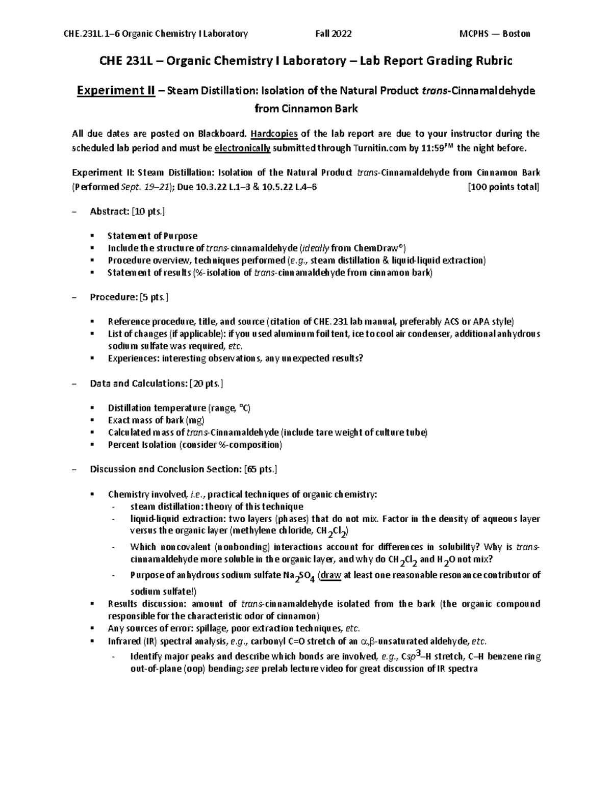 CHE.231L.16 Experiment II Steam Distillation Lab Report Grading Rubric Fall 2022 CHE