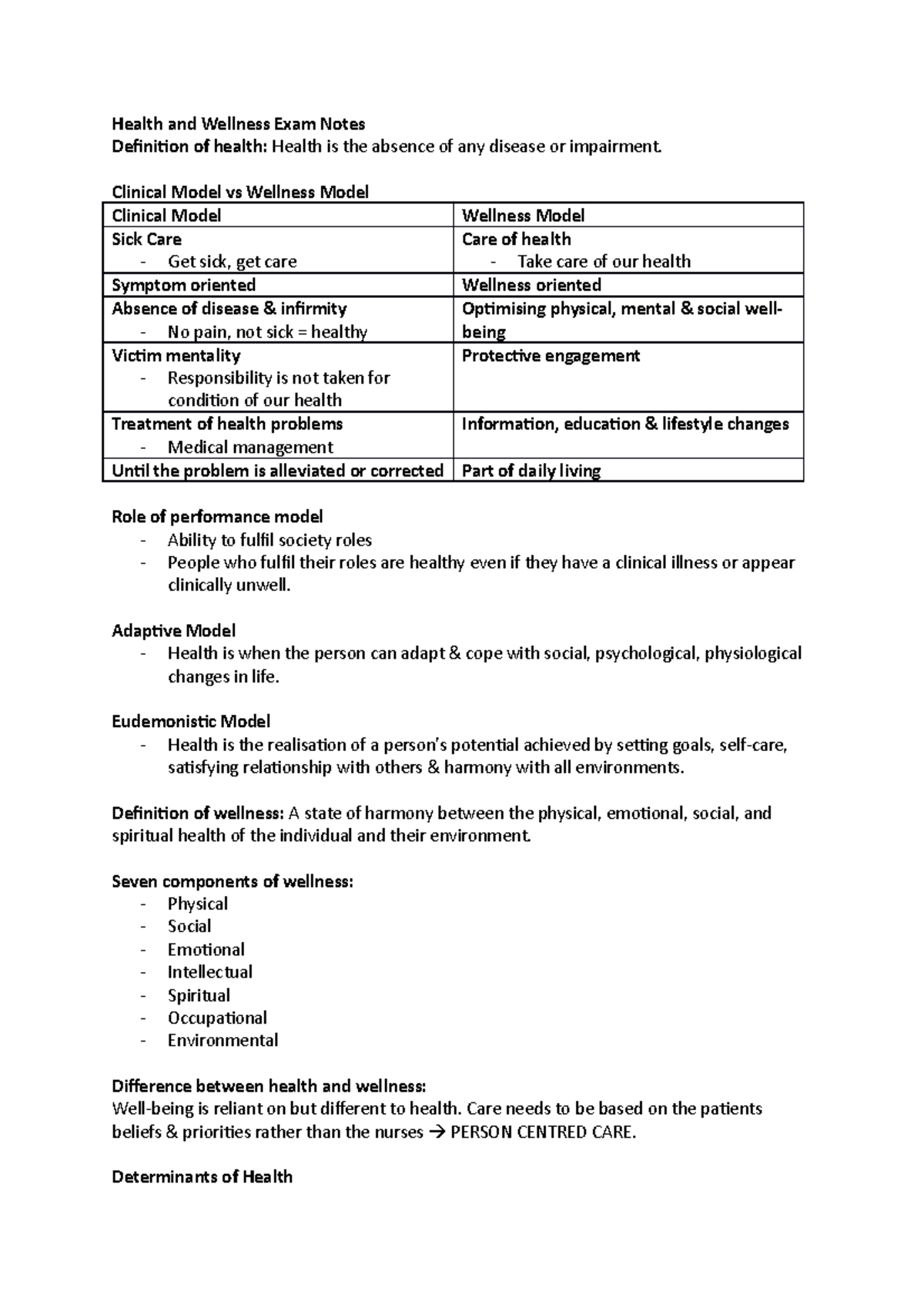 Health and Wellness Exam Notes Clinical Model vs Wellness Model