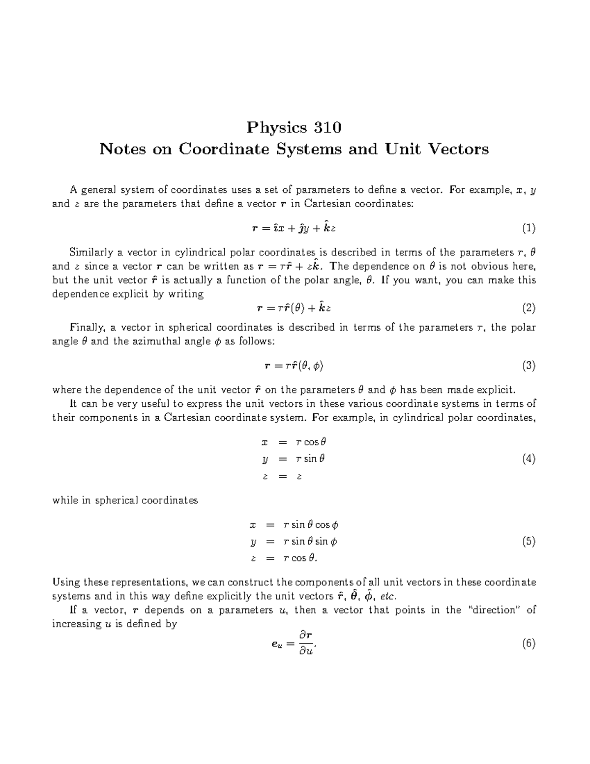 Coordinates - Lecture notes 1 - Physics 310 Notes on Coordinate Systems ...