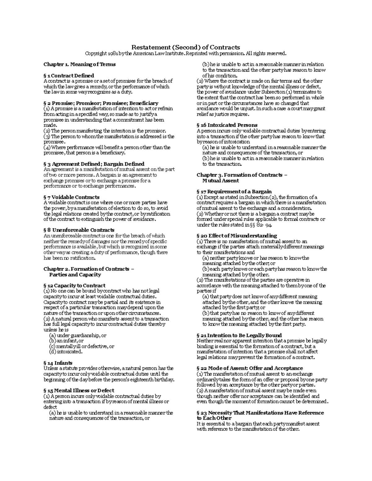 Restatement (Second) of Contracts FOR Class - Copyright 1981 by the ...