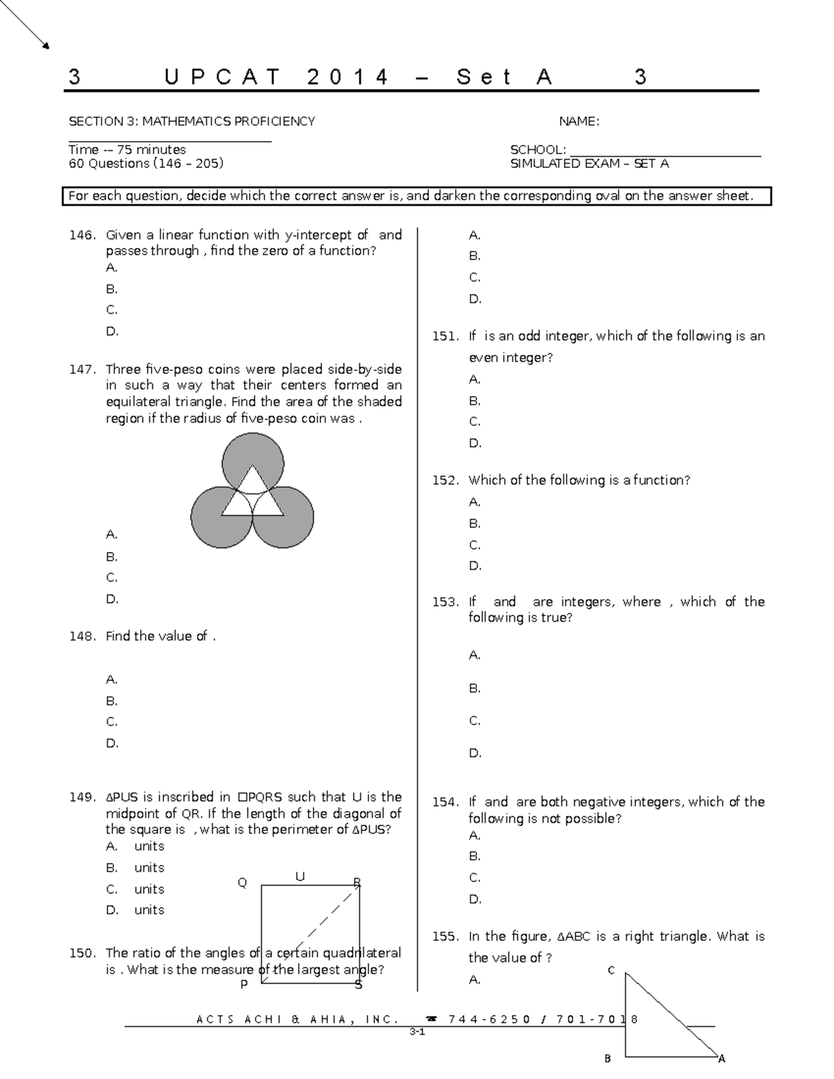 Upcat 2014 Simulated EXAM SET A Section 3 M Athematics Proficiency V.5 ...