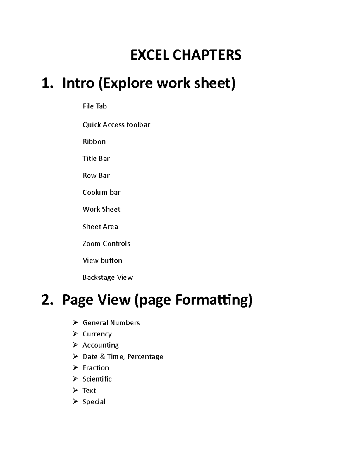 Excel Chapters For tutorial work 1234 EXCEL CHAPTERS 1. Intro