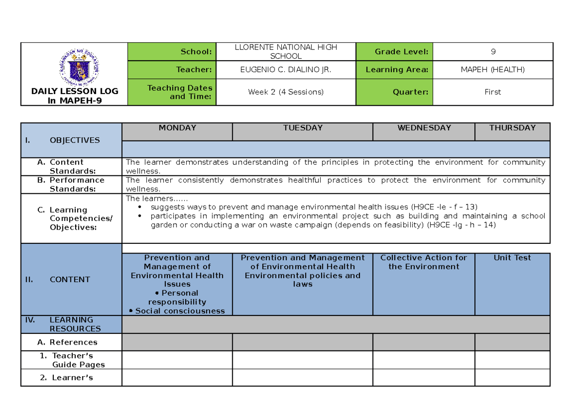 Q1 DLL Health 9 WEEK2 - DAILY LESSON LOG In MAPEH- School: LLORENTE ...