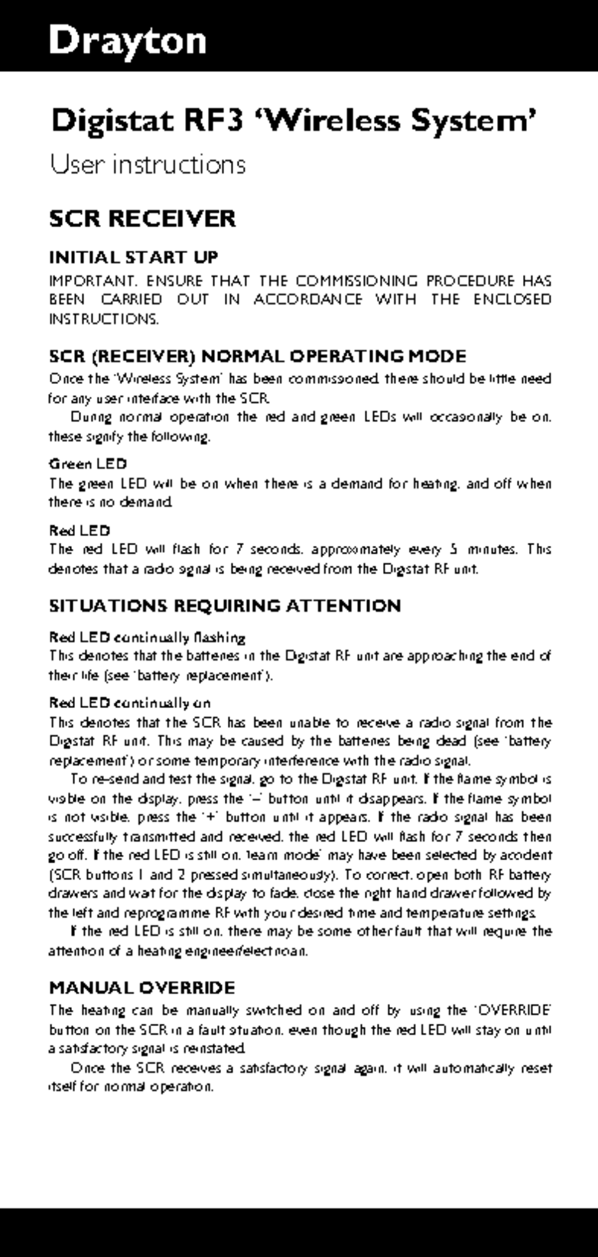 Drayton Digistat Thermostat Digistat RF3 ‘Wireless System’ User