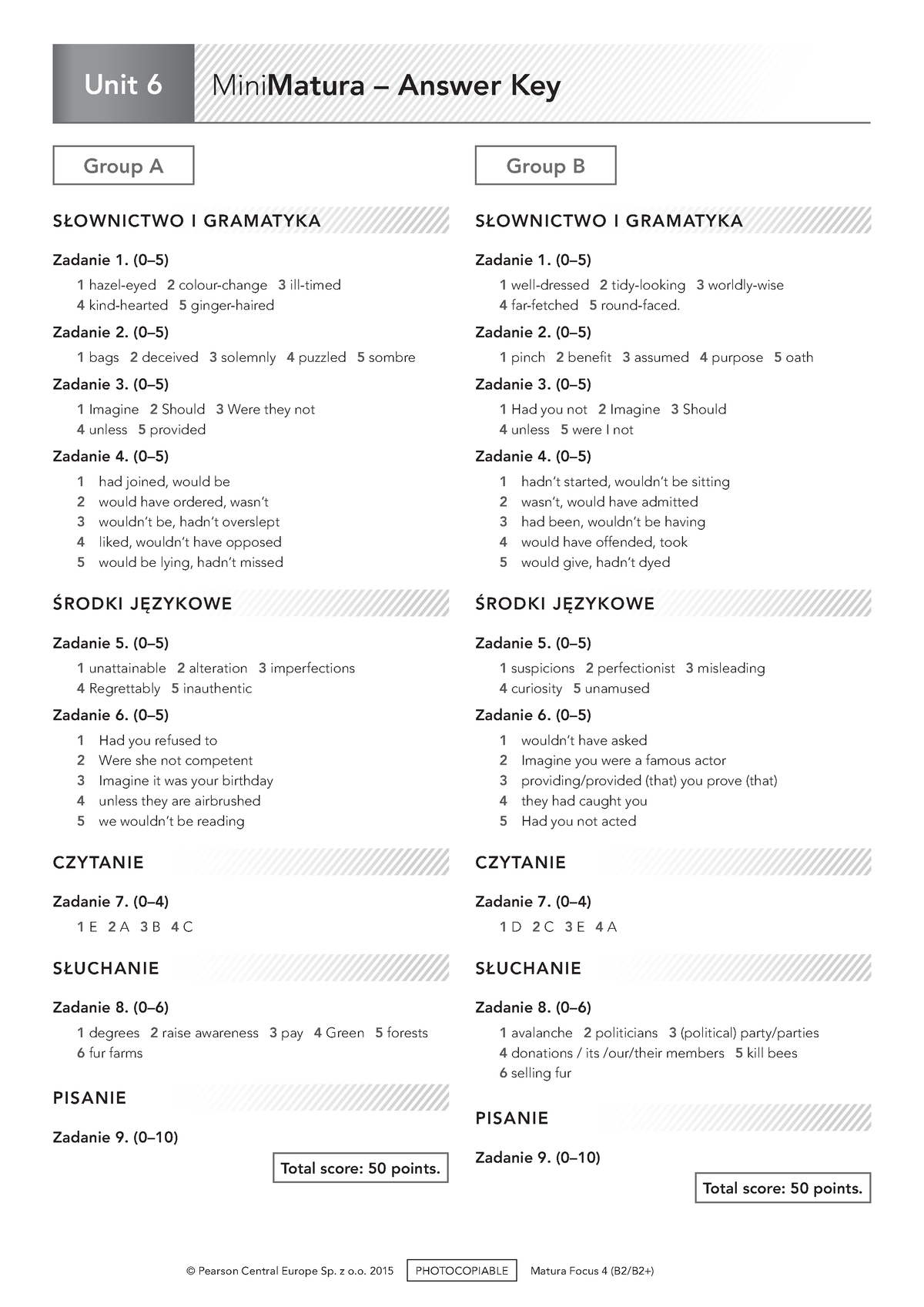 Unit 6 Mini Matura Answer Key - © Pearson Central Europe Sp. Z O. 2015 ...