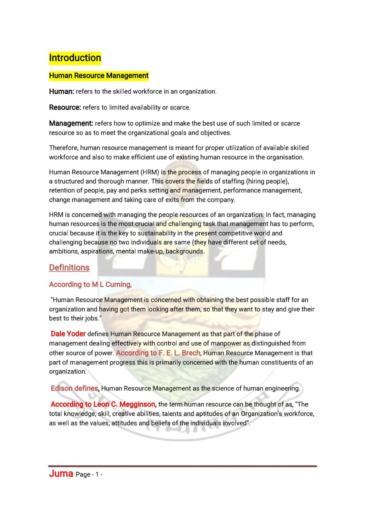 HRM Unit I - Useful for notes - According to Leon C. Megginson, the ...