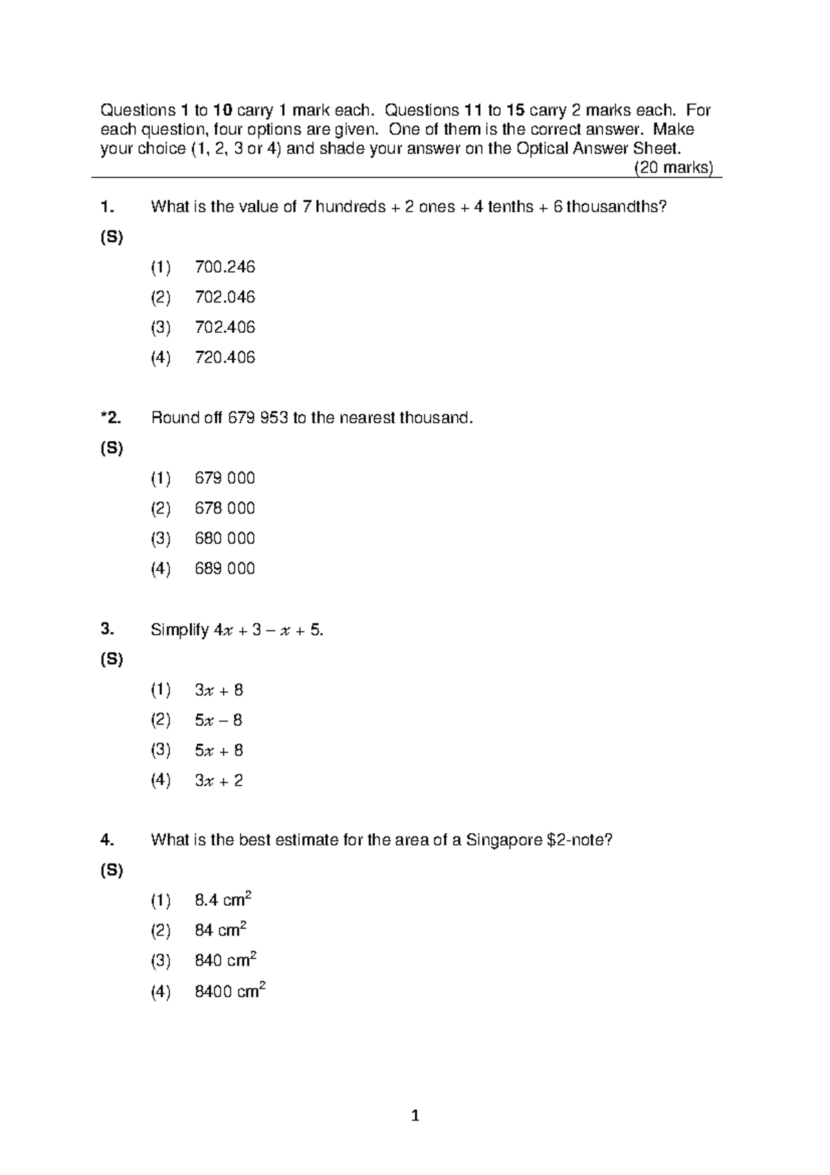 PSLE-Math-S-Paper-I final - Questions 1 to 10 carry 1 mark each ...