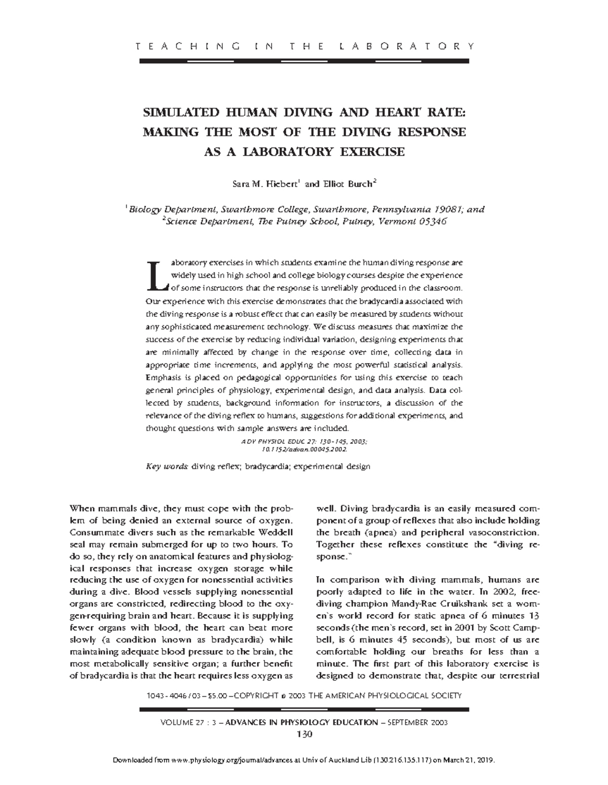 Human Dive Reflex Paper 1 SIMULATED HUMAN DIVING AND HEART RATE