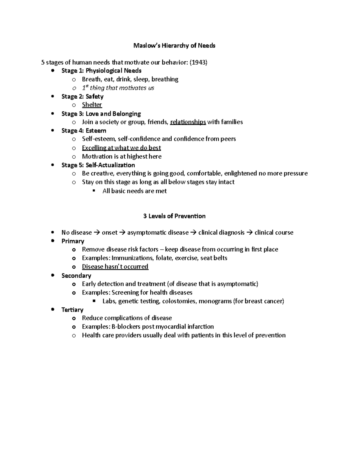 Extra Notes N231 exam3 - Maslow’s Hierarchy of Needs 5 stages of human ...