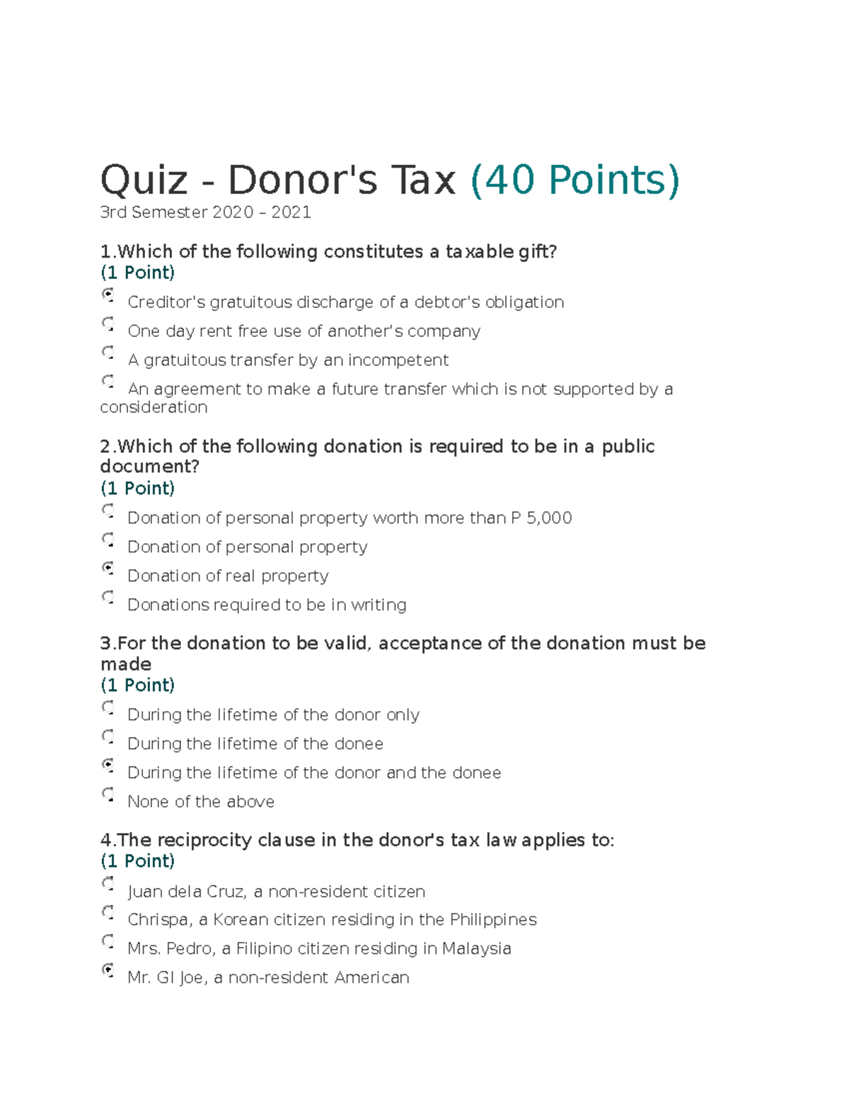 Donor's Tax Quiz - Answers And Solutions - Quiz - Donor's Tax (40 ...