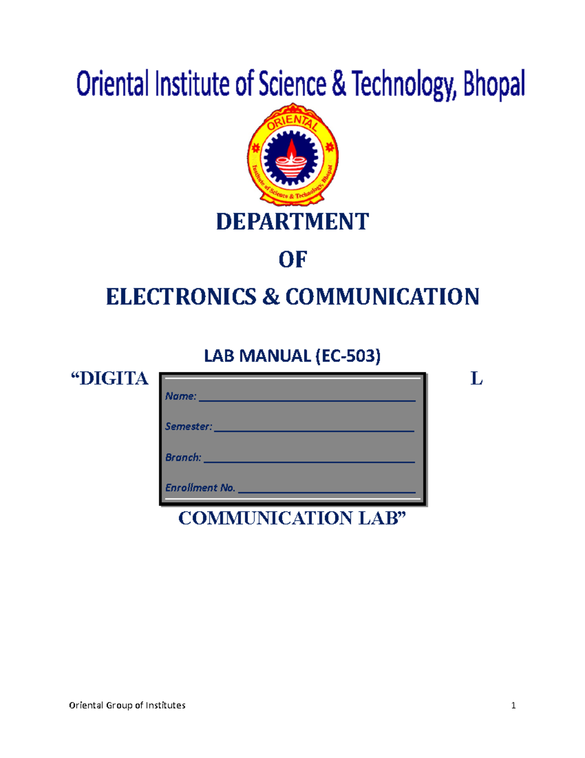 DC Manual (EC 503) DEPARTMENT OF ELECTRONICS & COMMUNICATION LAB