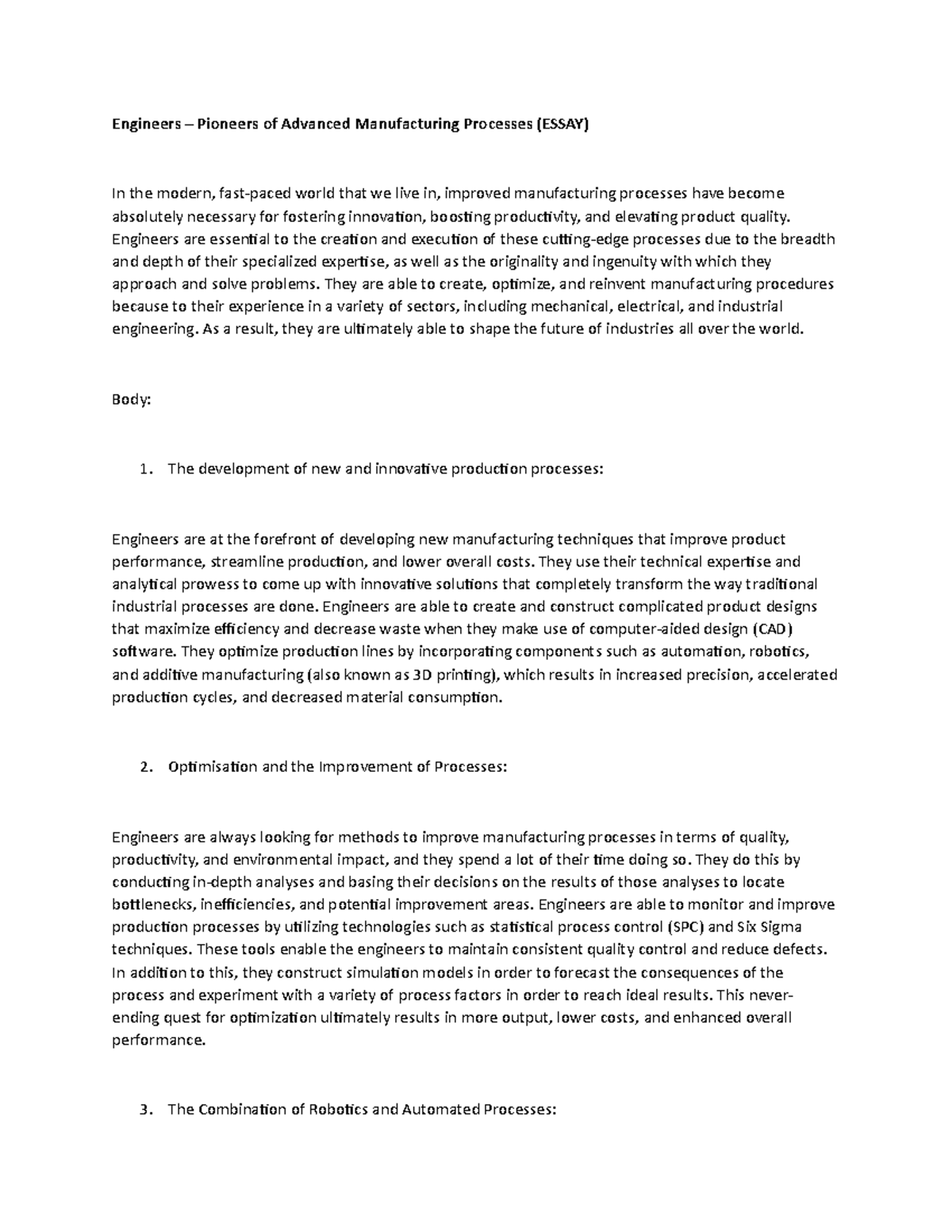 Engineers – Pioneers of Advanced Manufacturing Processes( Essay ...