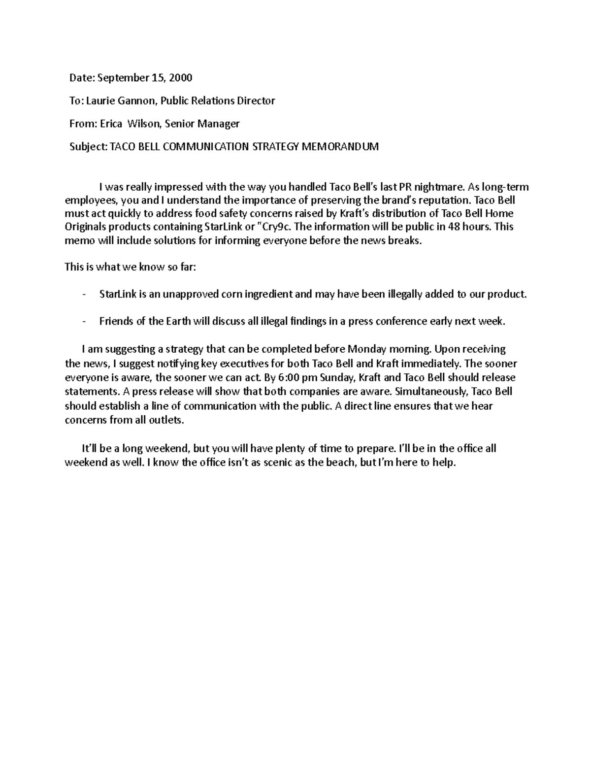 Taco Bell Memo 1 - No comment - Date: September 15, 2000 To: Laurie ...