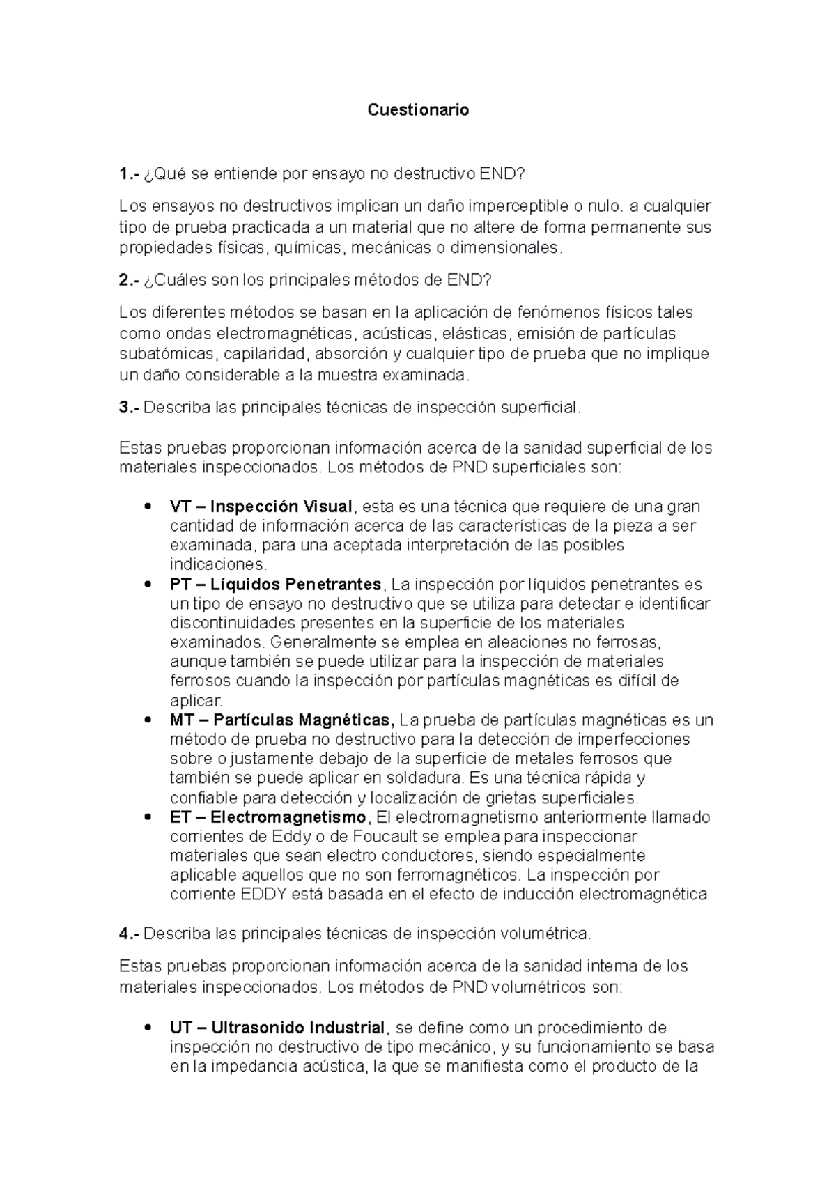 Cuestionario Sobre Ensayos No Destructivos Nota: 16 - Cuestionario 1 ...