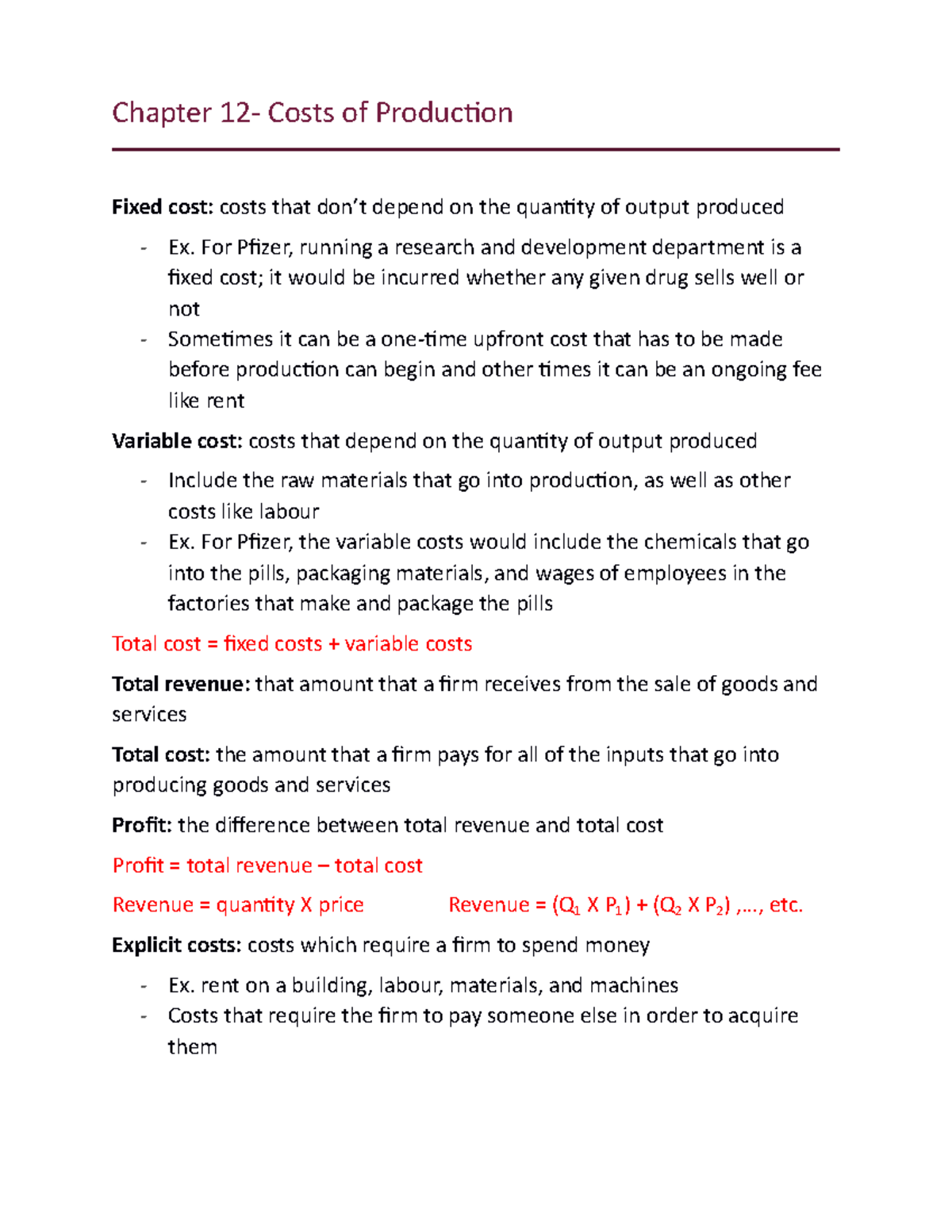 ECO1104- Chapter 12 notes - Chapter 12- Costs of Production Fixed cost ...