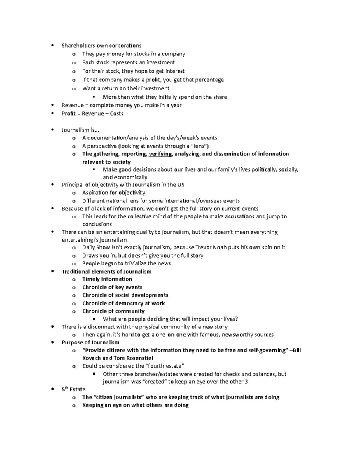 September 12 Class Notes - Shareholders own corporations o They pay ...