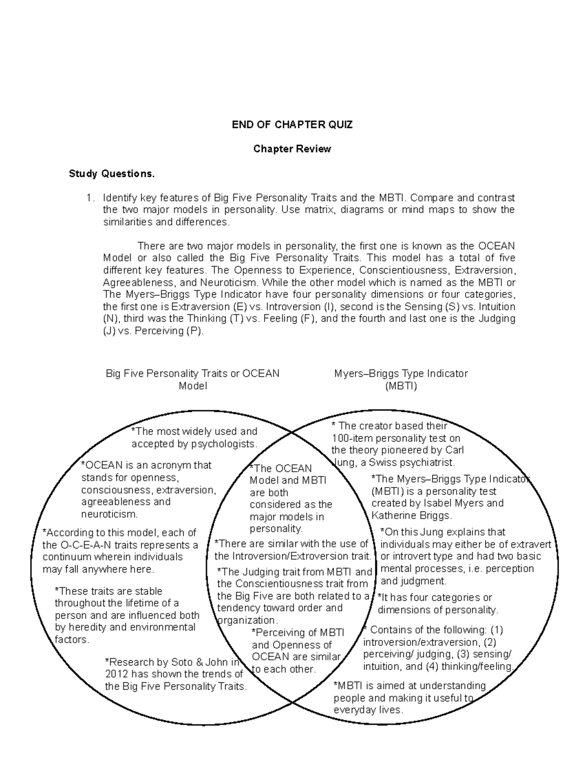 Organizational Behavior Chapter 4 END OF Chapter QUIZ END OF CHAPTER