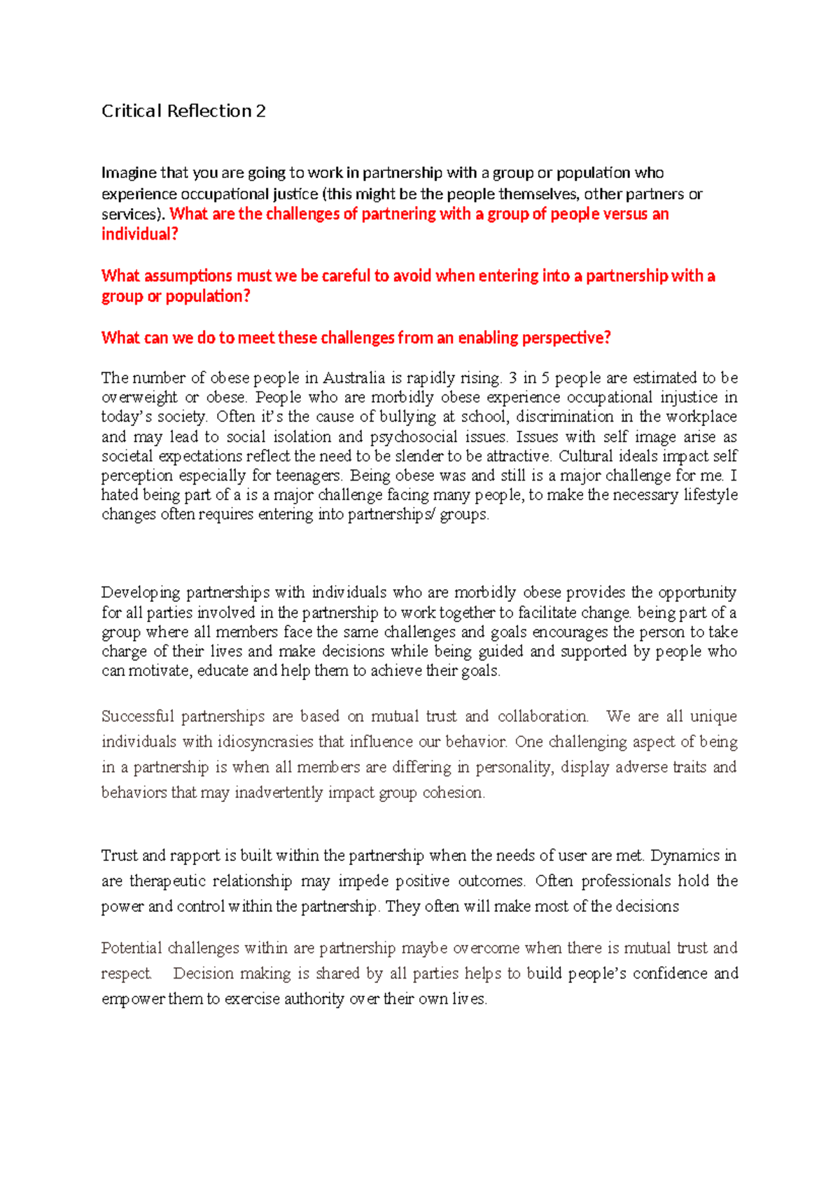 Critical Reflection 2 - What are the challenges of partnering with a ...