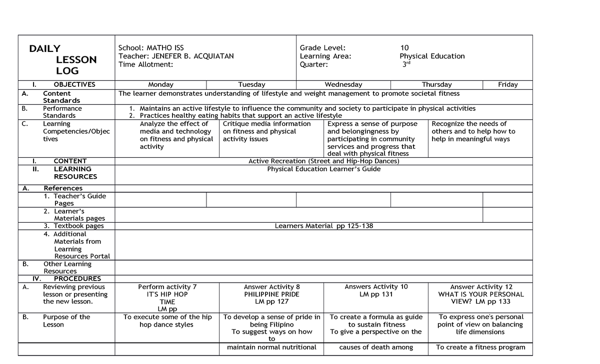 Dll mapeh 10 pe 3rd qdocx - DAILY LESSON LOG School: MATHO ISS Teacher ...