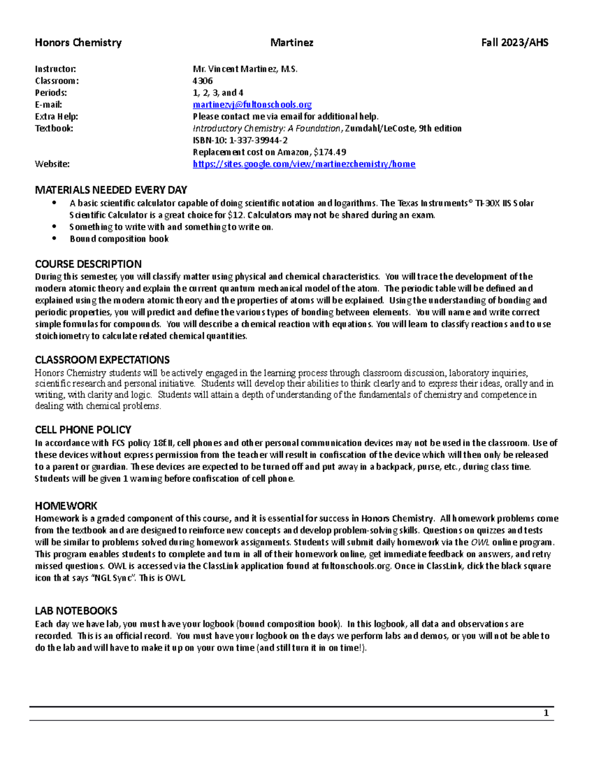 Chem syllabus - Etc. - Instructor: Mr. Vincent Martinez, M. Classroom ...