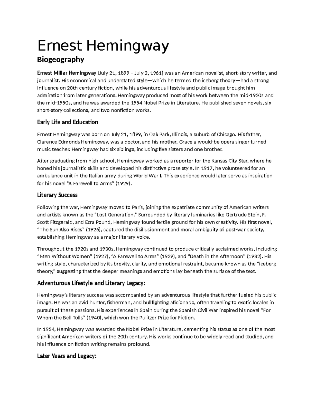 ernest hemingway biography essay