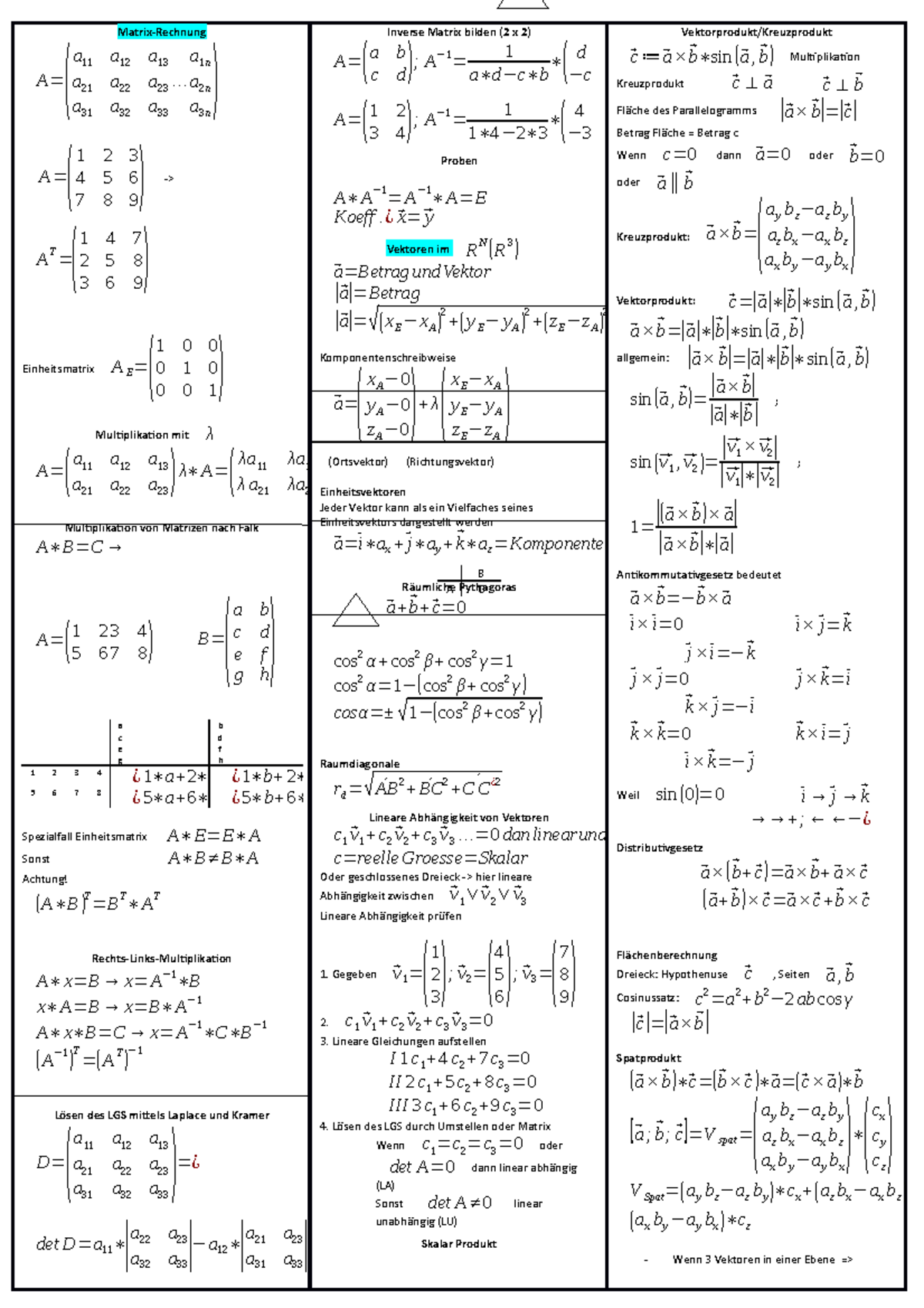 Mathe Formelsammlung 2 Final 276 Matrix Rechnung A11 A12 A13 A 1 N A 
