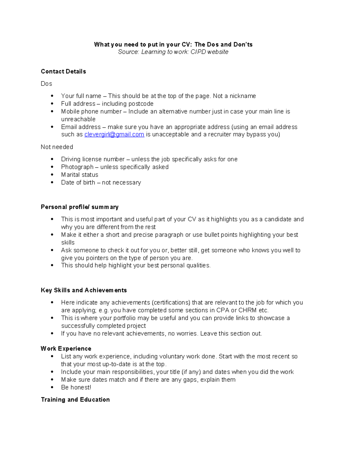 HO - What you need to put in your CV - What you need to put in your CV ...