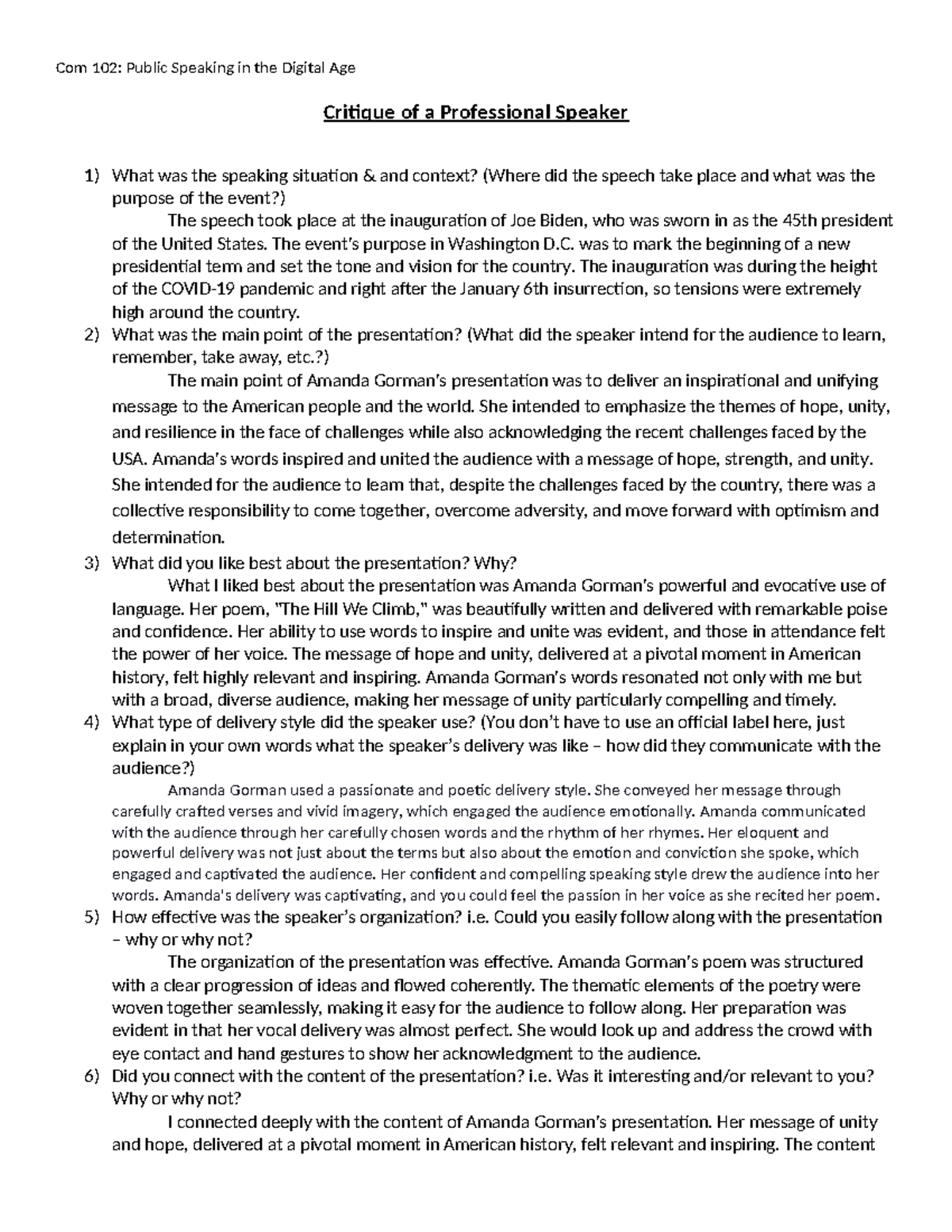 Critique of Professional Speaker Assignment - Com 102: Public Speaking ...