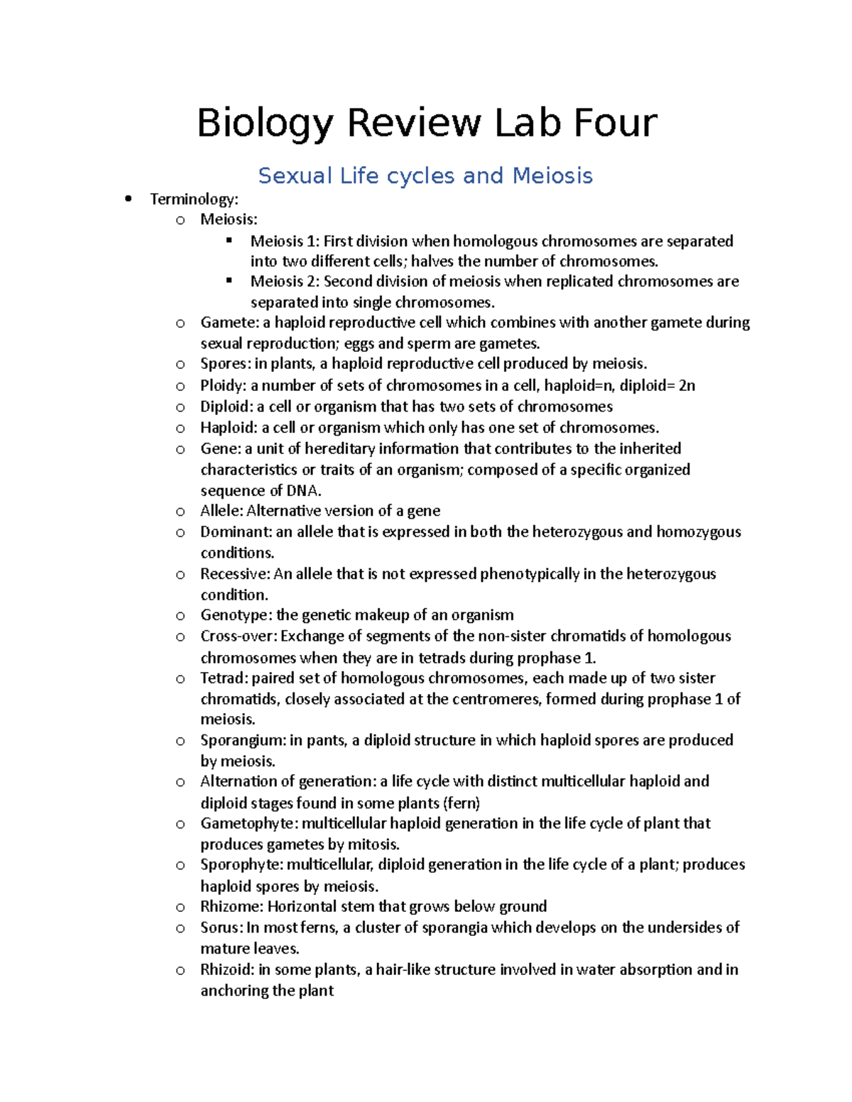Biology Review Lab Four Biology Review Lab Four Sexual Life cycles