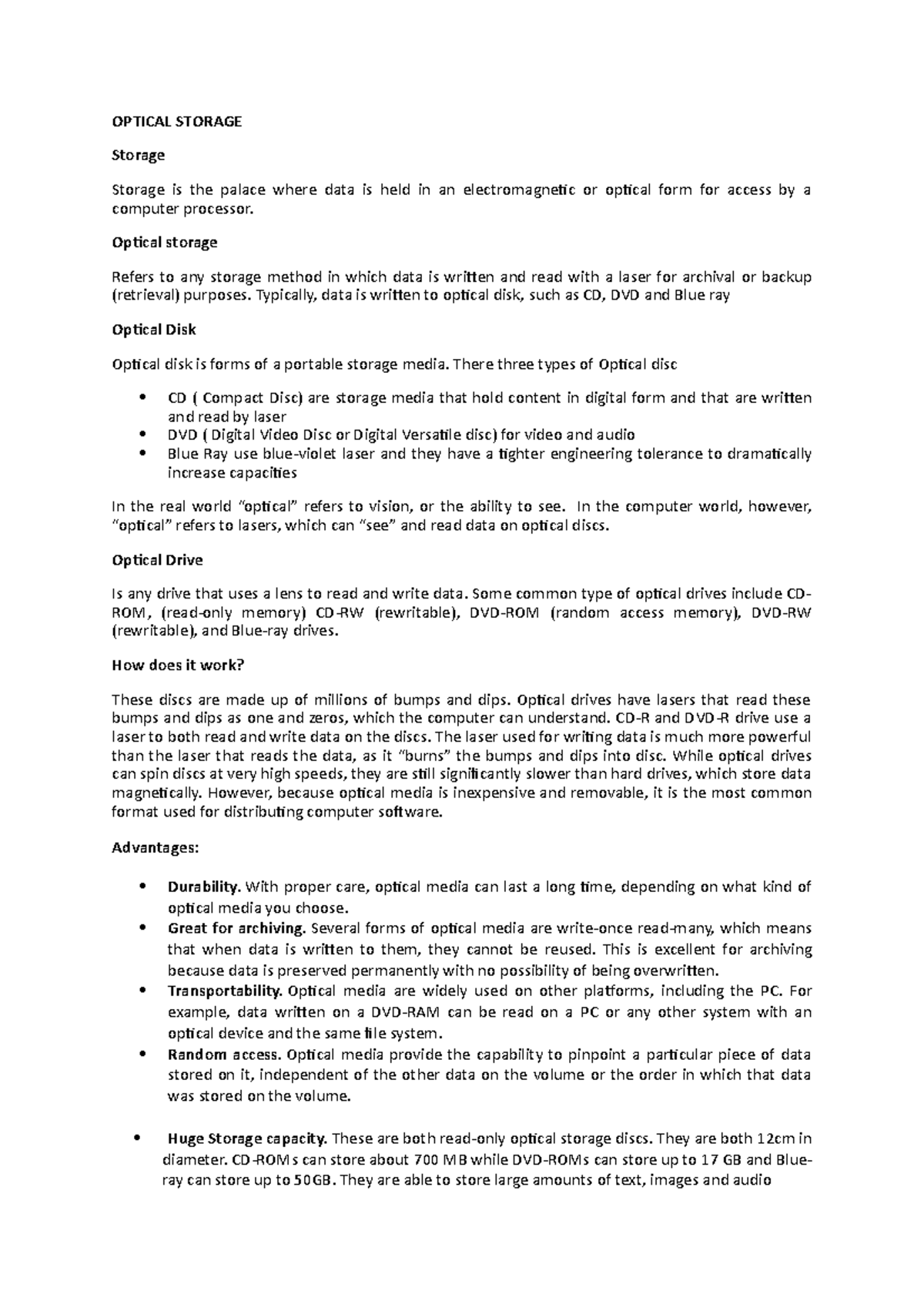 57840340 Assignment Optical Storage - OPTICAL STORAGE Storage Storage ...