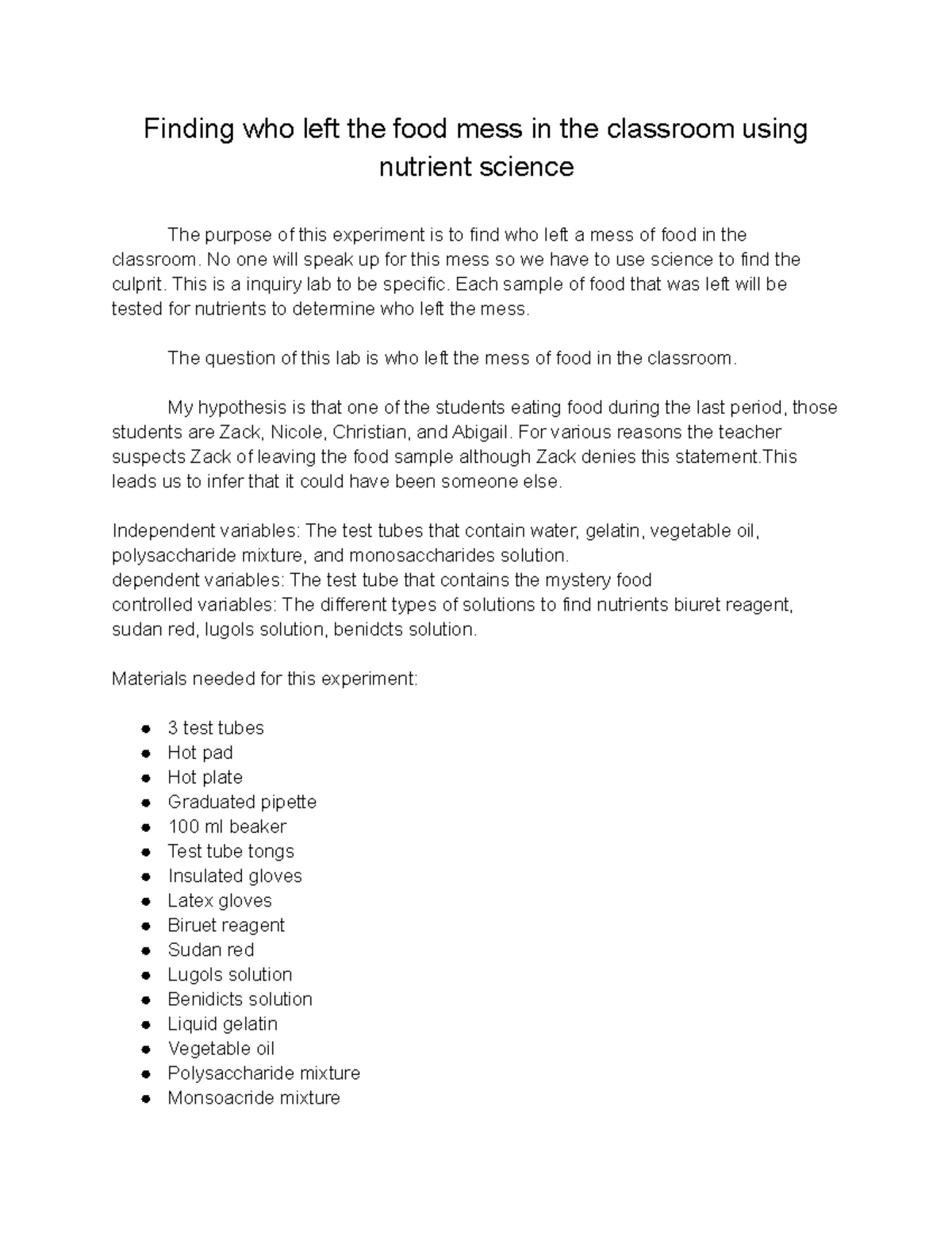 Edgenuity food lab report Finding who left the food mess in the