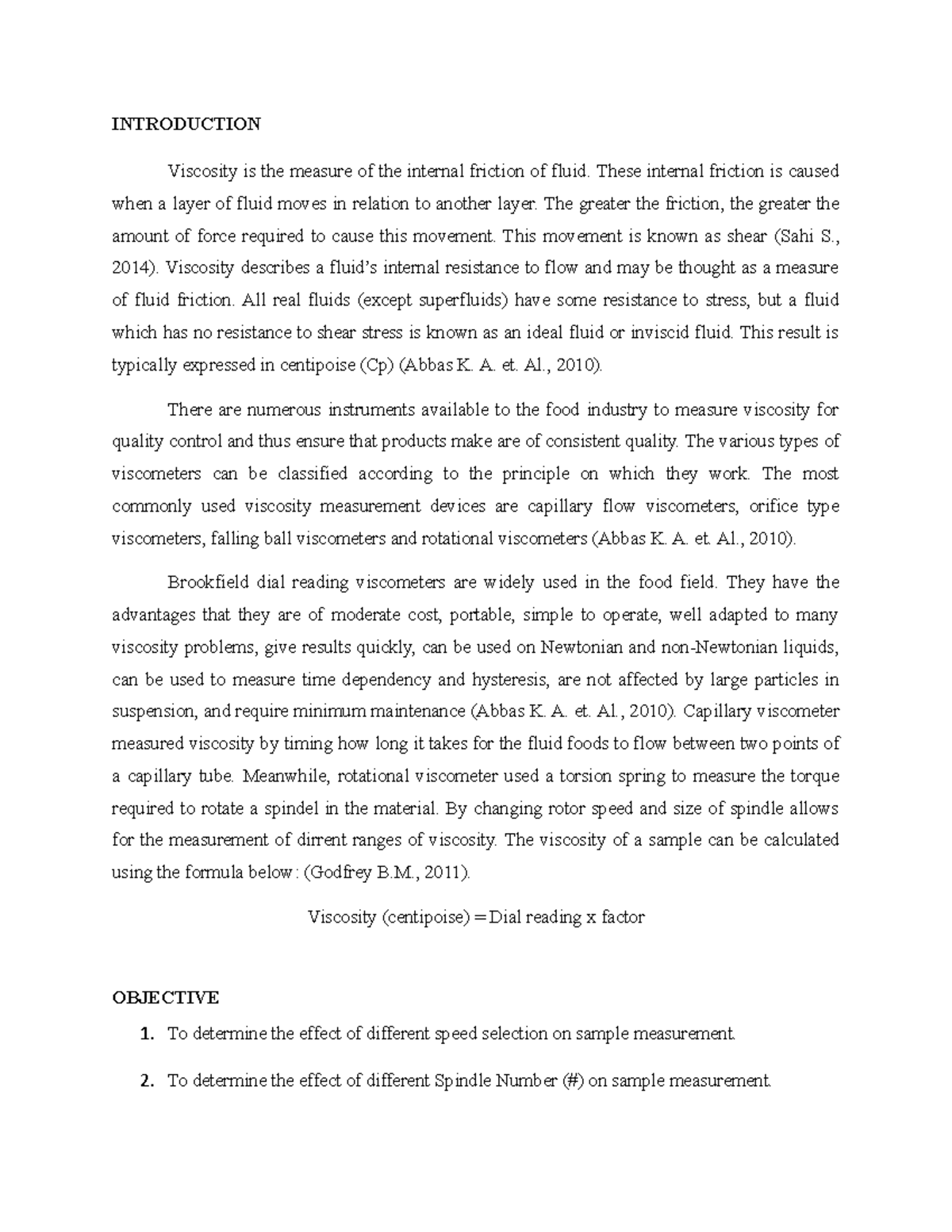 FST606 exp 9 lab report INTRODUCTION Viscosity is the measure of