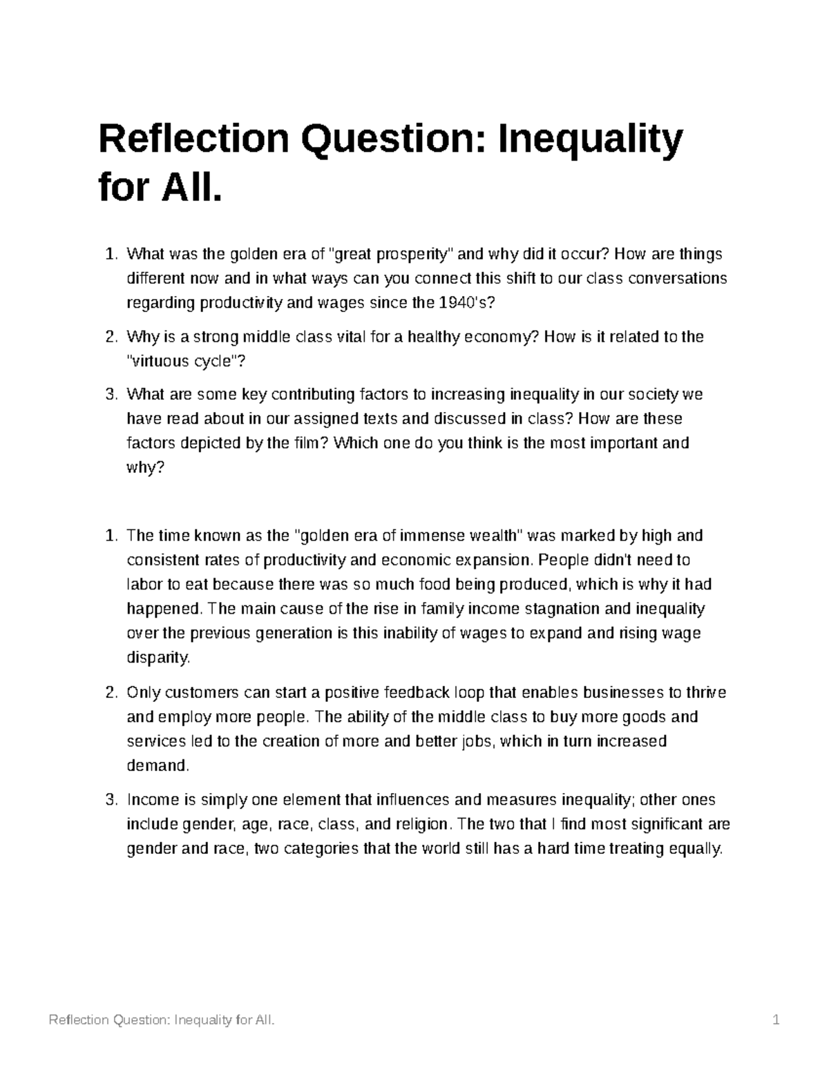 Reflection Question Inequality for All 1 Reflection Question