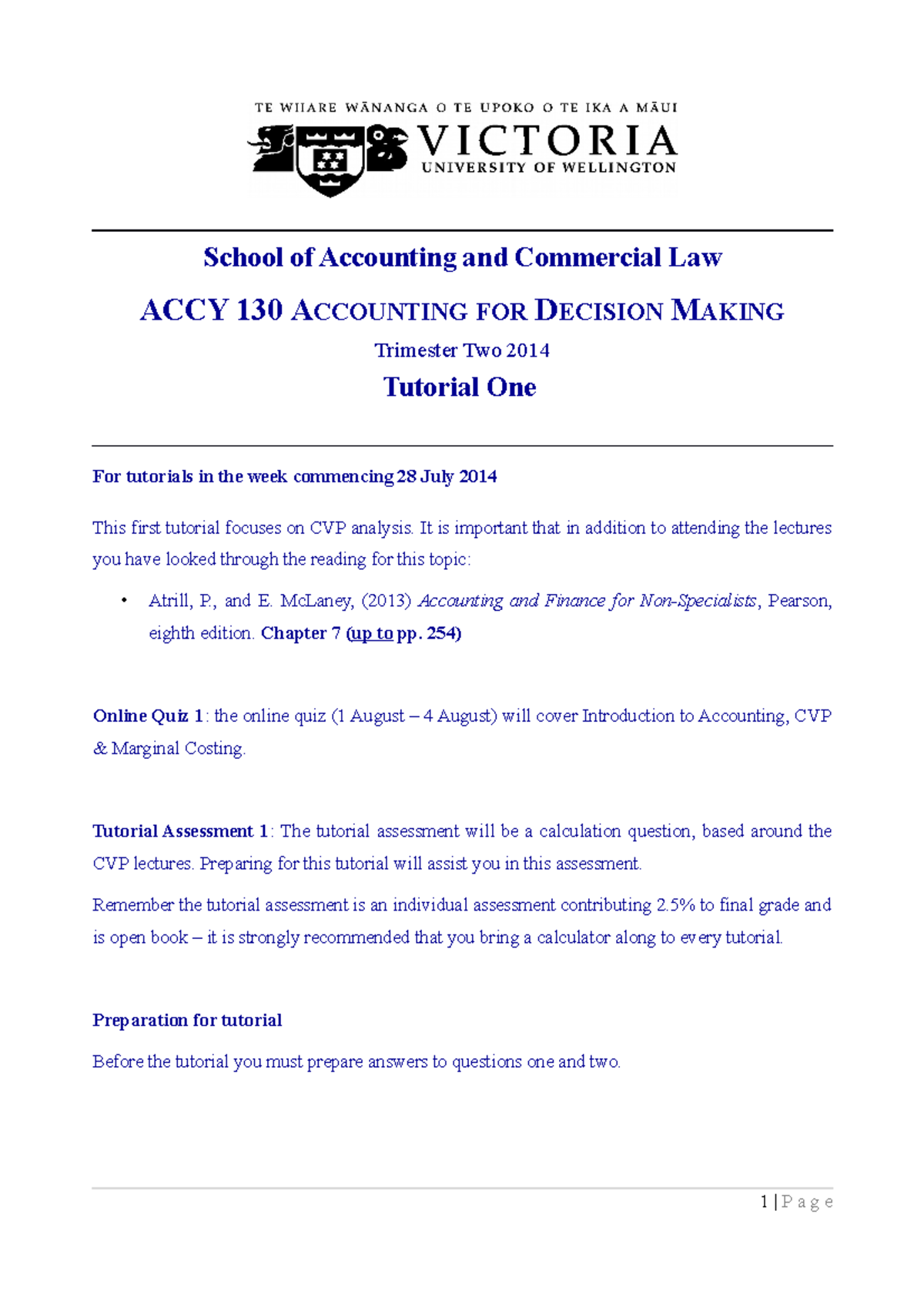 ACCY Tutorial 1 - School of Accounting and Commercial Law ACCY 130 ...