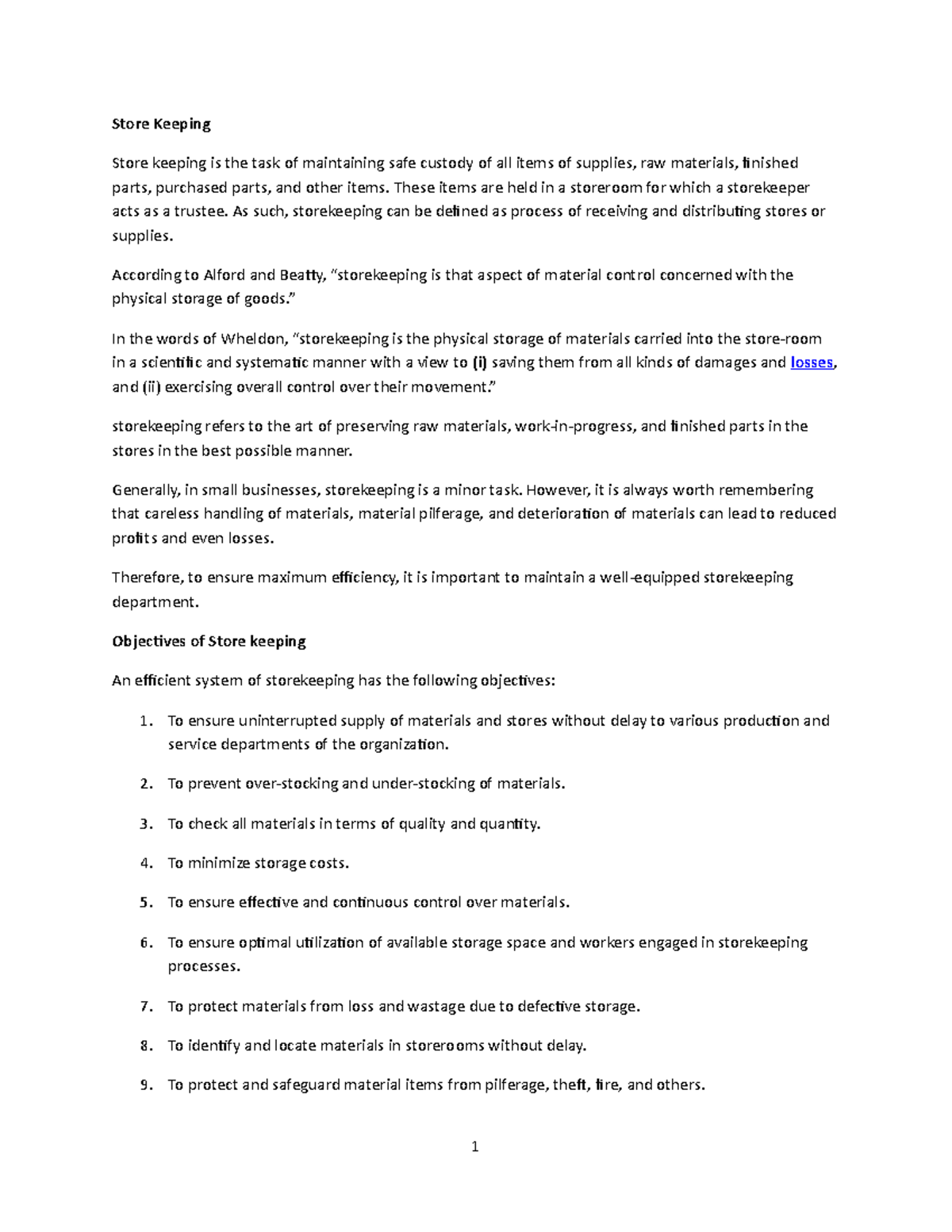 Store Keeping NOTES Store Keeping Store keeping is the task of