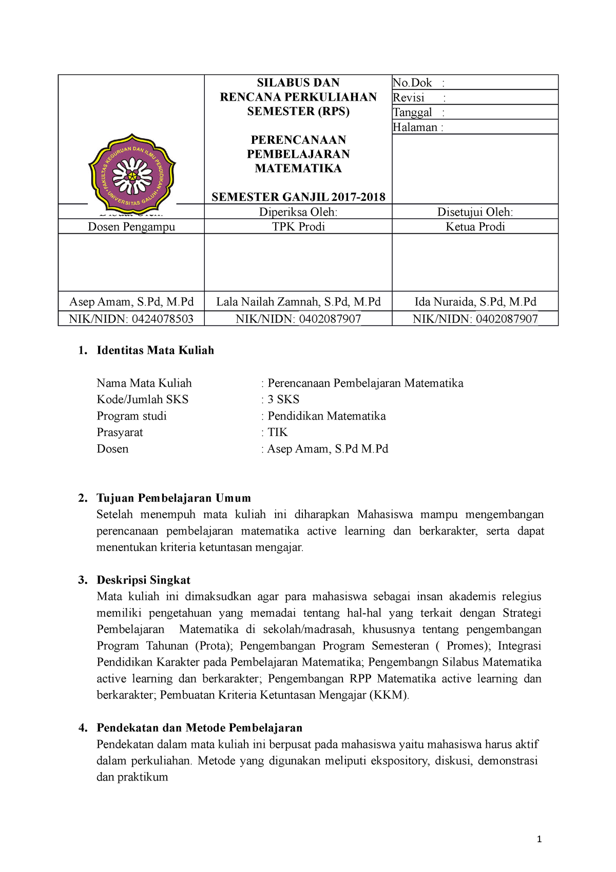 Perencanaan Pembelajaran Matematika TA 2017-2018-RPS Matematika Unigal ...