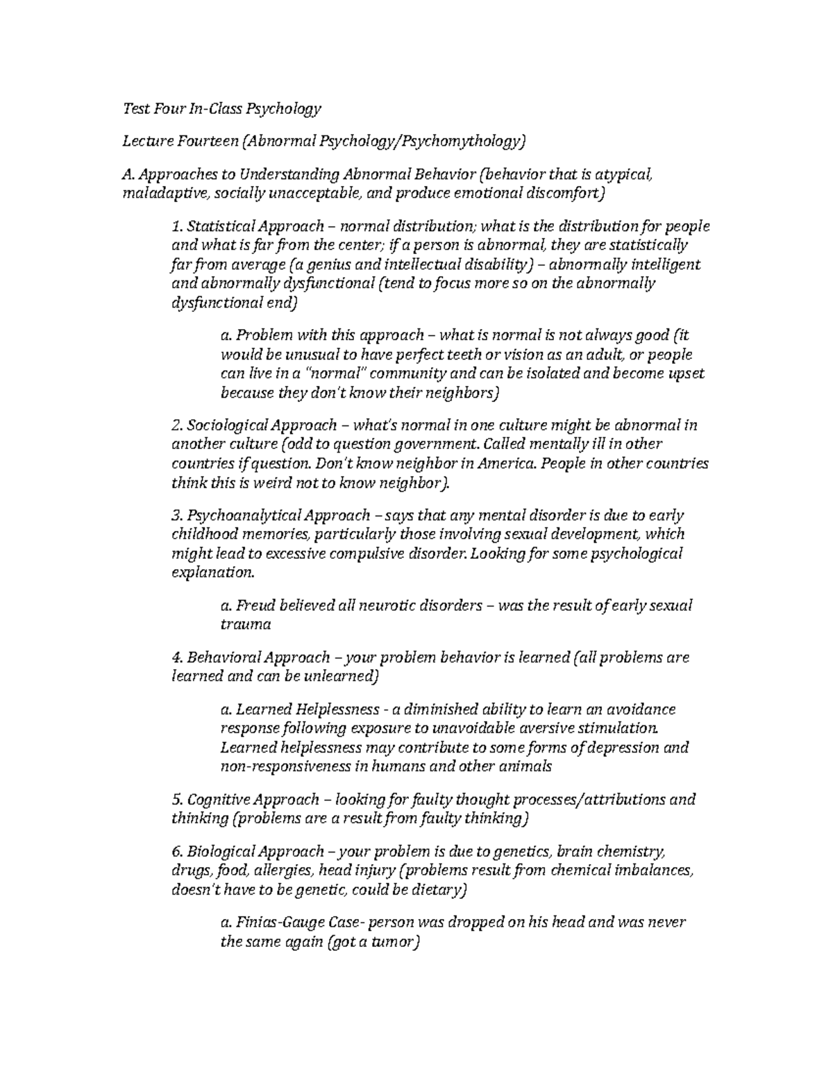 Test 4 Study Guide - Test Four Psychology Lecture Fourteen (Abnormal A ...